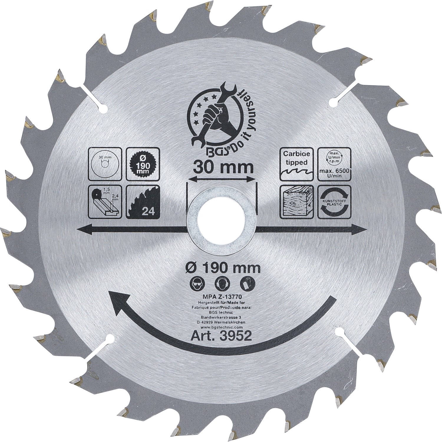BGS DIY 3952 Hartmetall Kreissägeblatt Ø190 x 30 x 2,5mm 24 Zähne