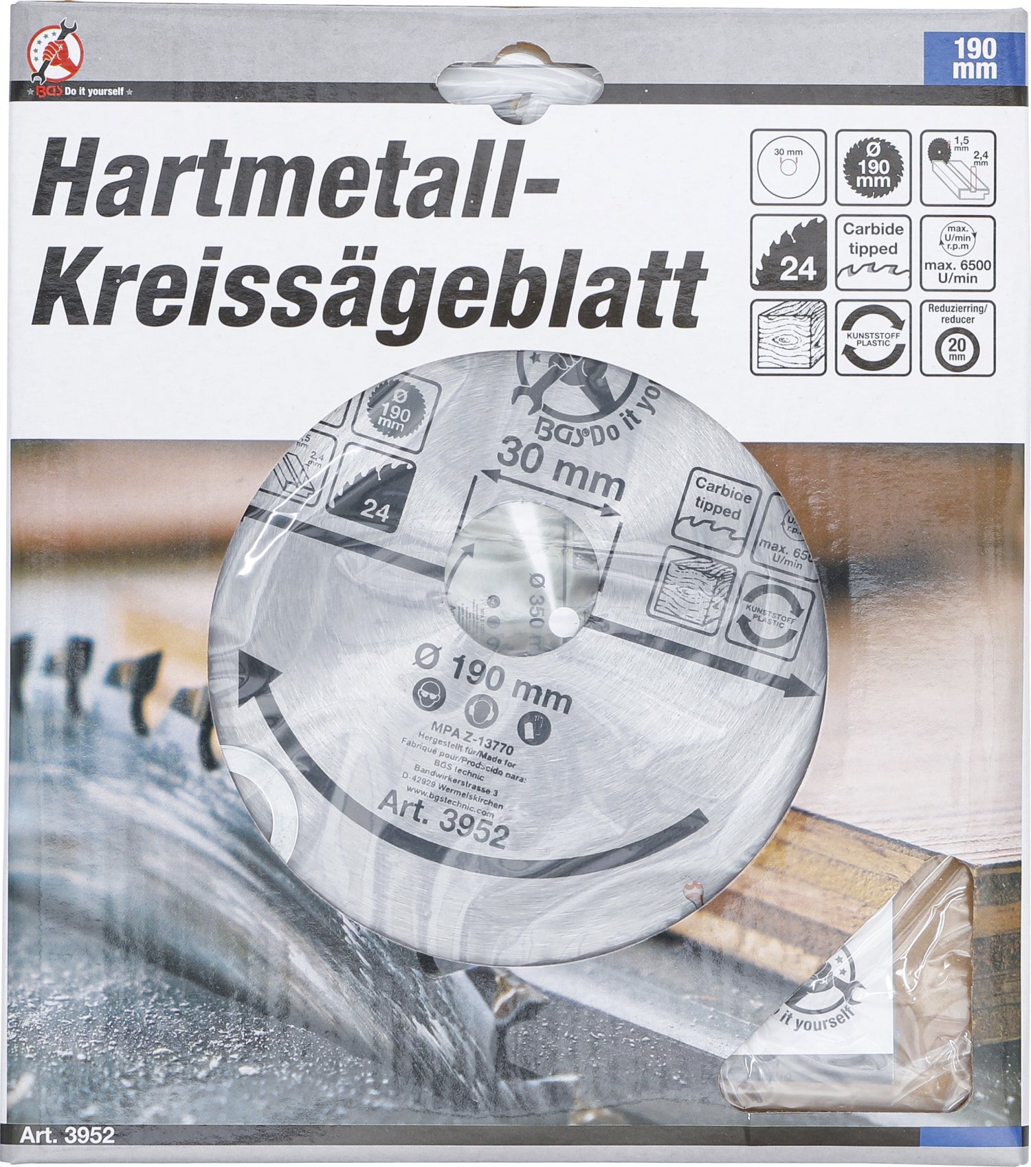 BGS DIY 3952 Hartmetall Kreissägeblatt Ø190 x 30 x 2,5mm 24 Zähne