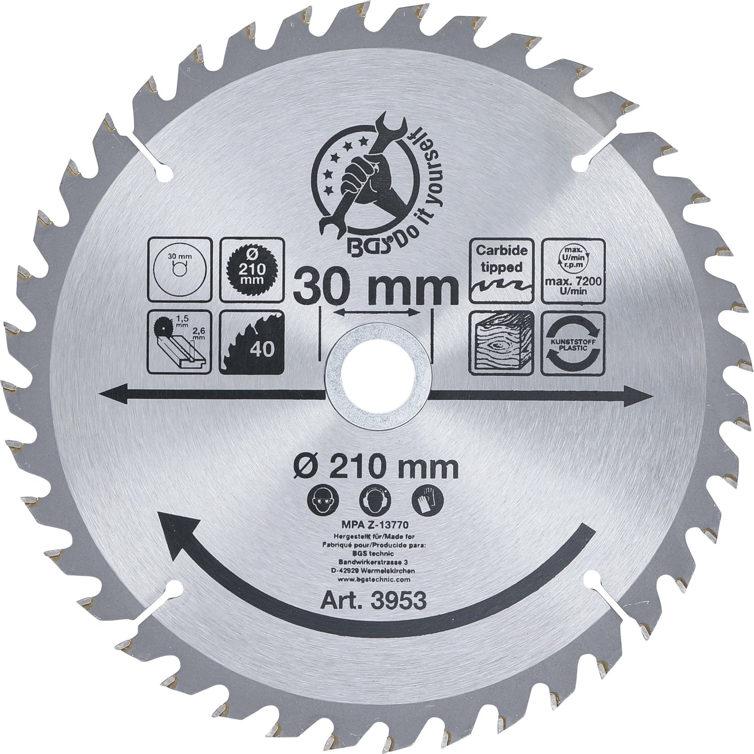 BGS DIY 3953 Hartmetall Kreissägeblatt Ø210 x 30 x 2,6mm 40 Zähne