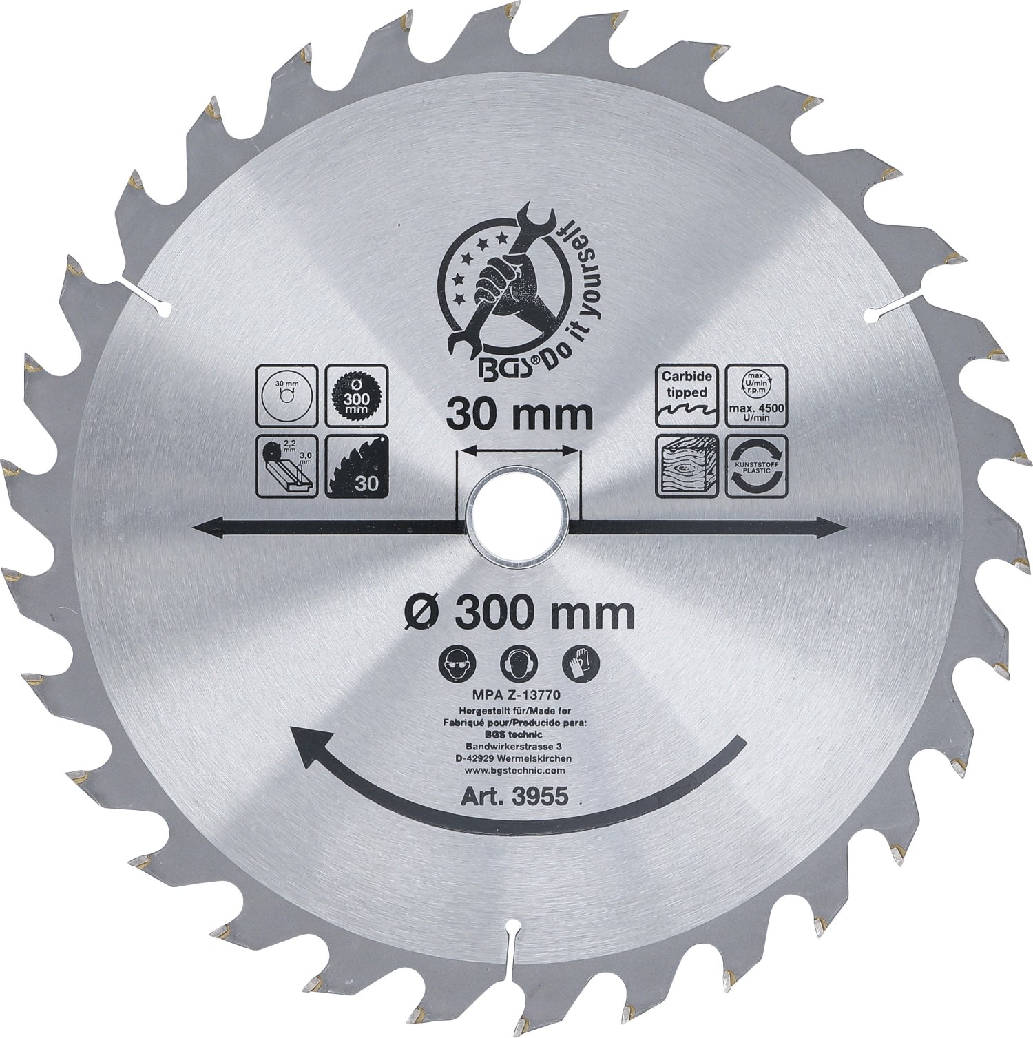 BGS DIY 3955 Hartmetall Kreissägeblatt Ø300 x 30 x 3,2mm 30 Zähne