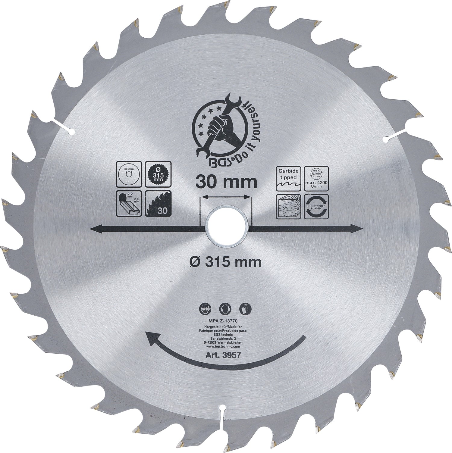 BGS DIY 3957 Hartmetall Kreissägeblatt Ø315 x 30 x 3,0 mm 30 Zähne