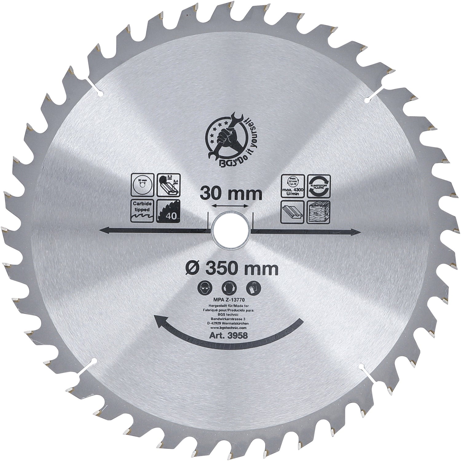 BGS DIY 3958 Hartmetall Kreissägeblatt Ø350 x 30 x 3,4 mm 40 Zähne