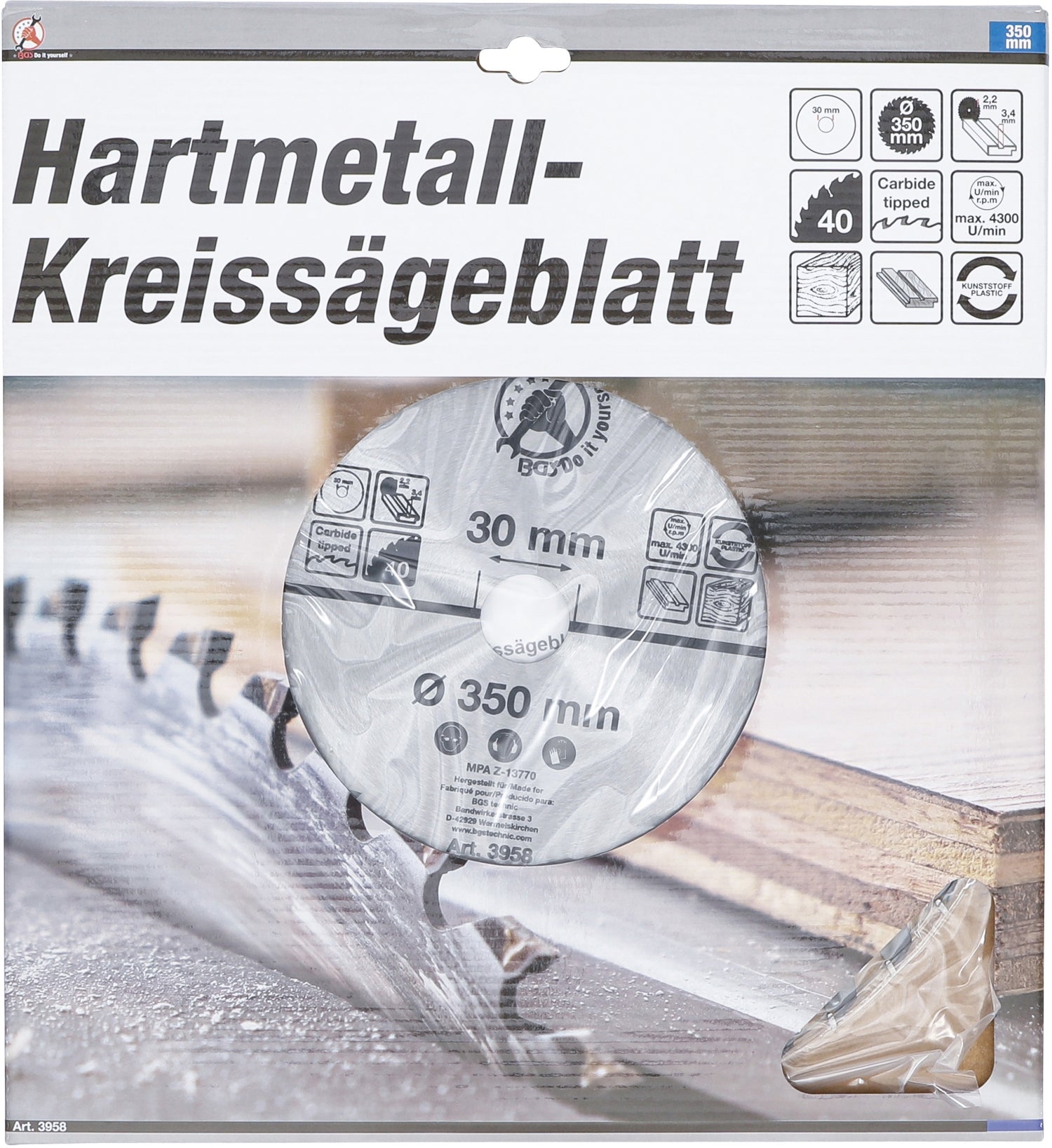 BGS DIY 3958 Hartmetall Kreissägeblatt Ø350 x 30 x 3,4 mm 40 Zähne