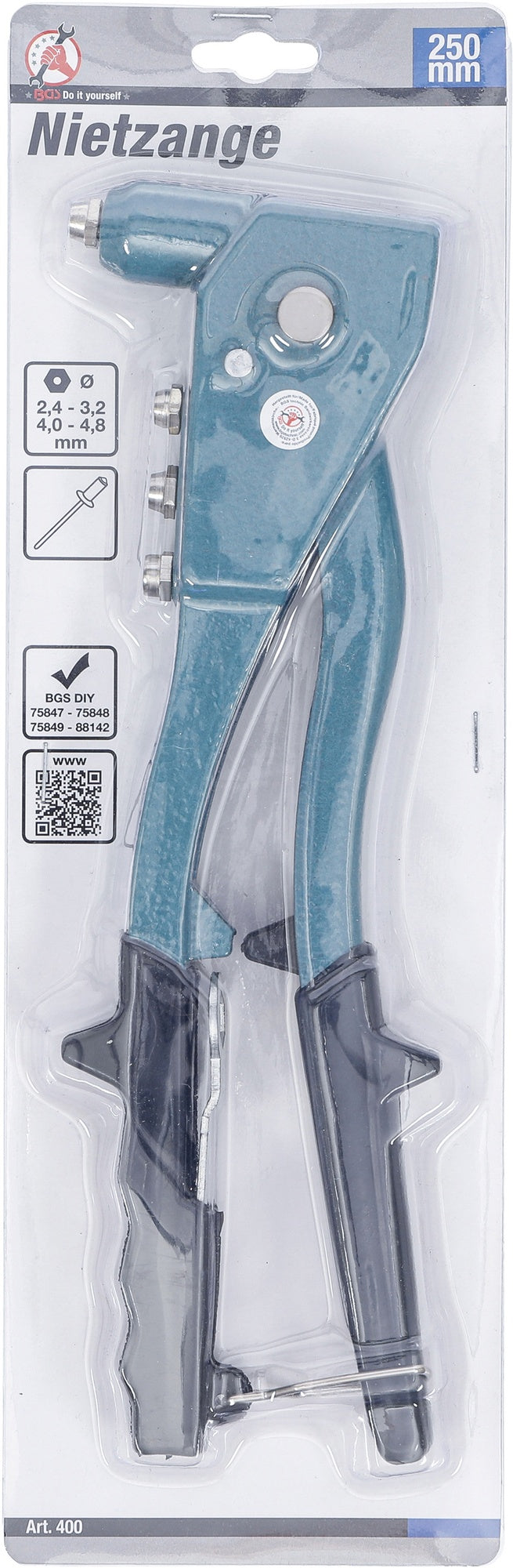 BGS DIY 400 Poppnietenzange / Blindnietzange mit 4 Mundstücken Ø 2,4 / 3,2 / 4,0 / 4,8mm Länge 250mm