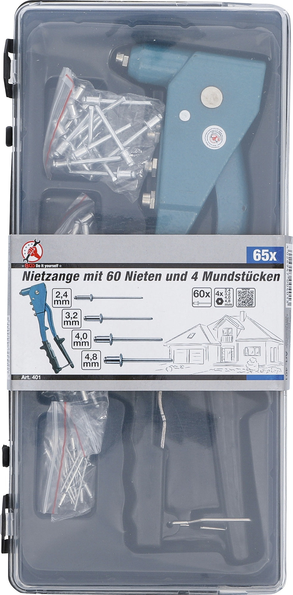 BGS DIY 401 Poppnietenzange / Blindnietzange mit 60 Nieten & 4 Mundstücken Ø 2,4 / 3,2 / 4,0 / 4,8mm Länge 250mm