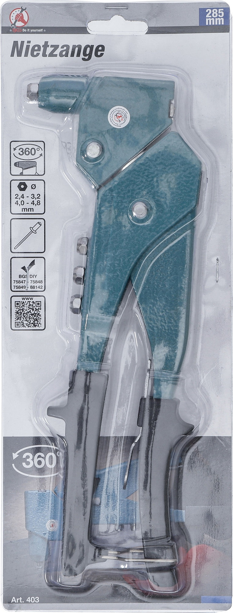 BGS DIY 403 Poppnietenzange / Blindnietzange mit verstellbarem Kopf Ø 2,4 / 3,2 / 4,0 / 4,8mm Länge 285mm