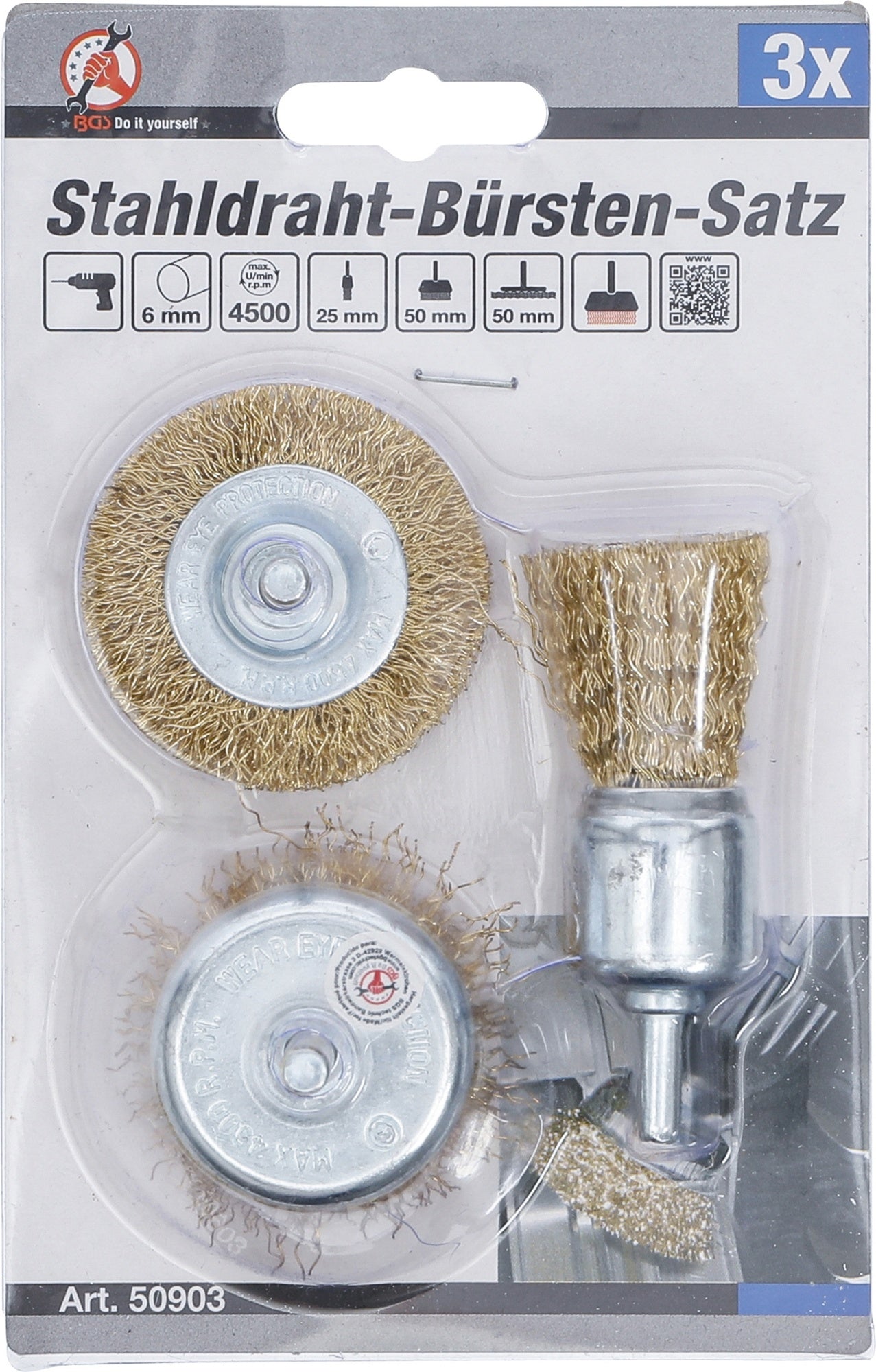 BGS DIY 50903 Satz Stahldrahtbürsten Ø25 - 50mm 3 teilig