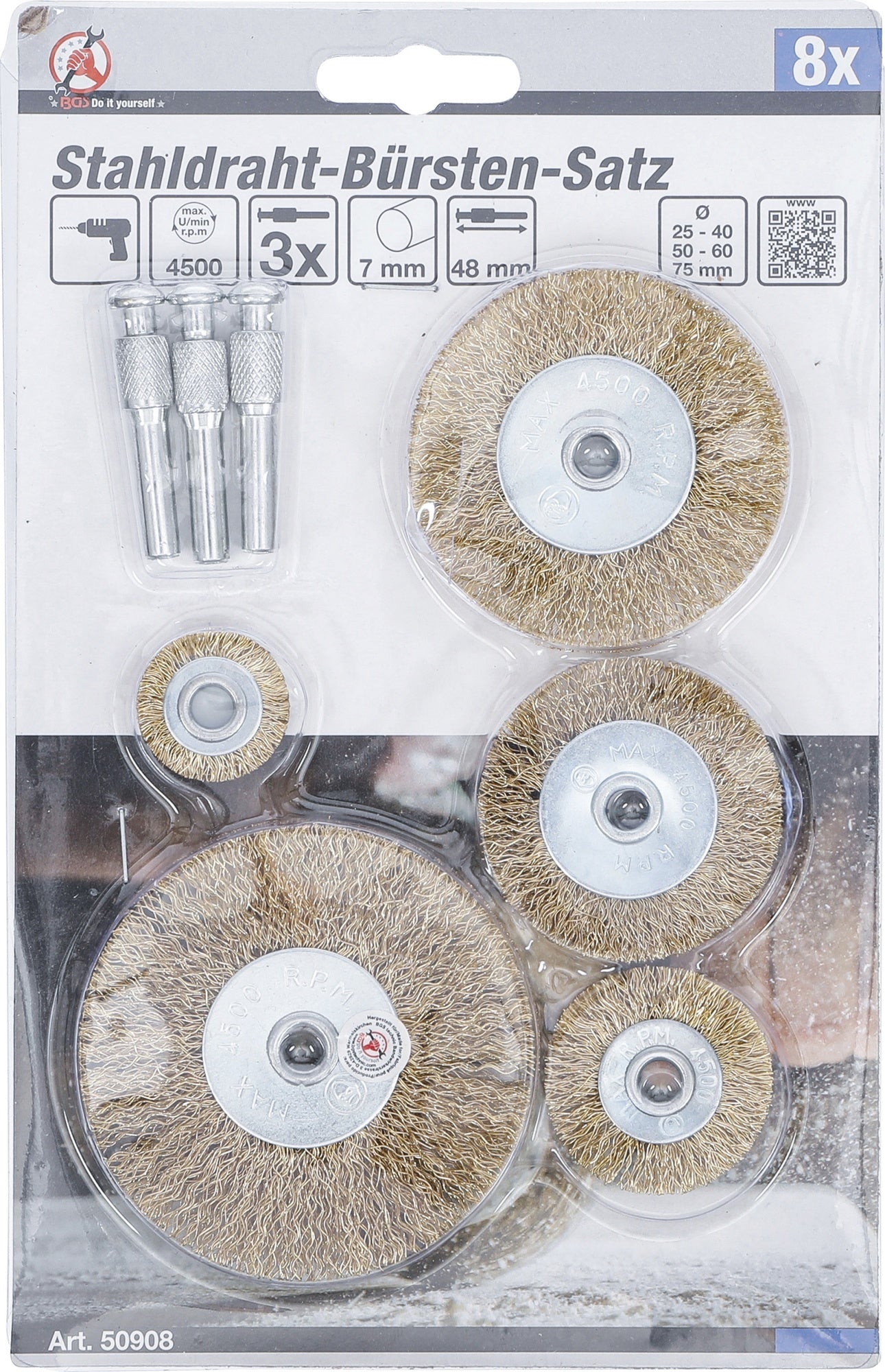 BGS DIY 50908 Satz Stahldrahtbürsten Ø25 - 75mm 8 teilig