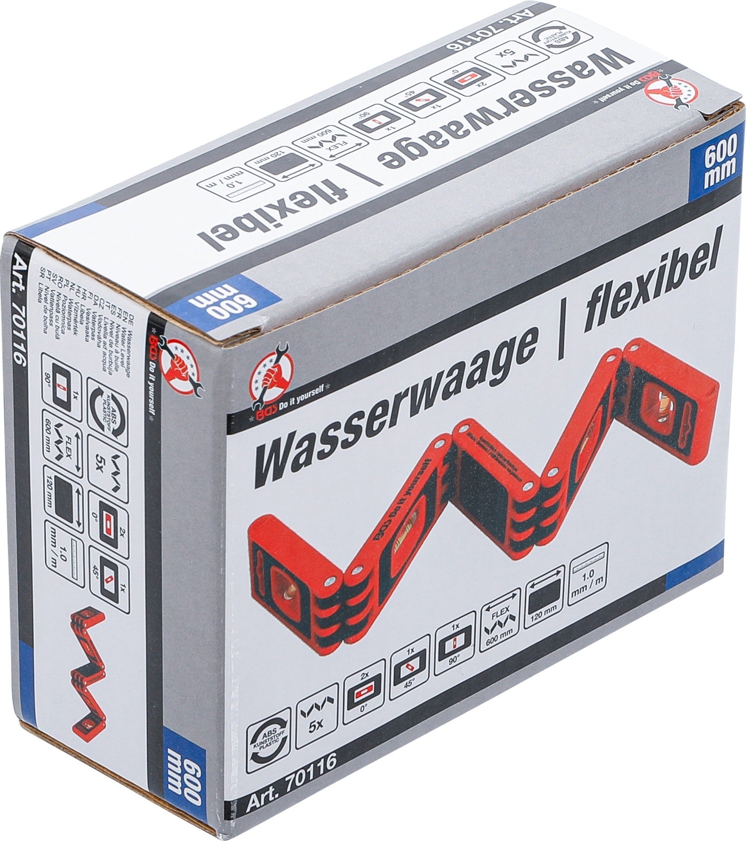 BGS DIY 70116 Wasserwaage flexibel Länge 600mm 5 Gelenke 4 Libellen