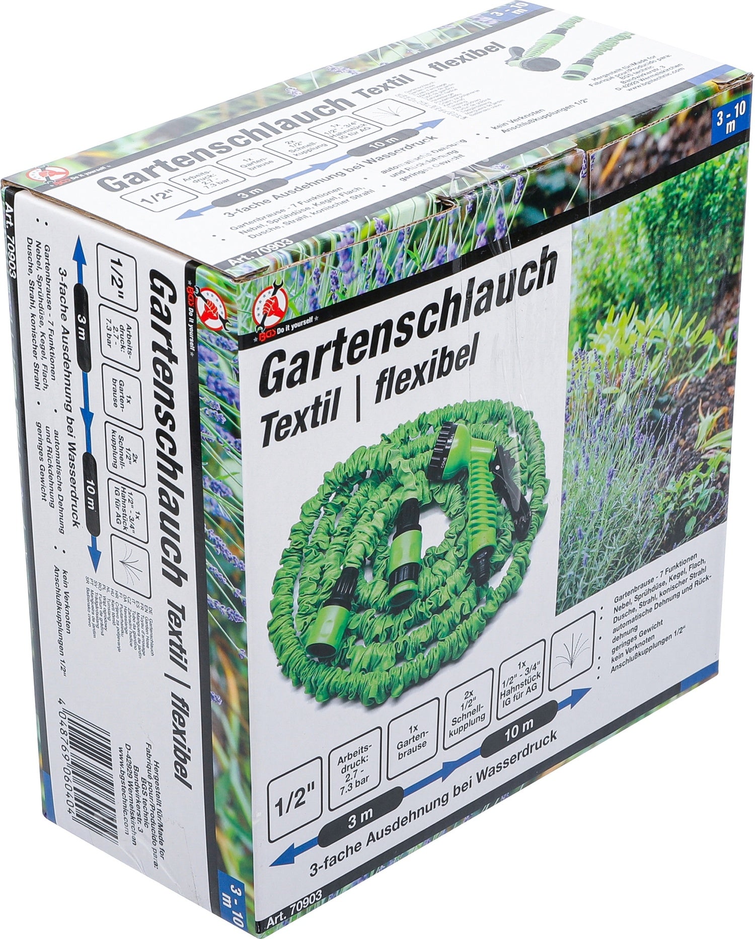 BGS DIY 70903 Wasserschlauch Textil flexibel Gartenhandbrause 7 Funktionen