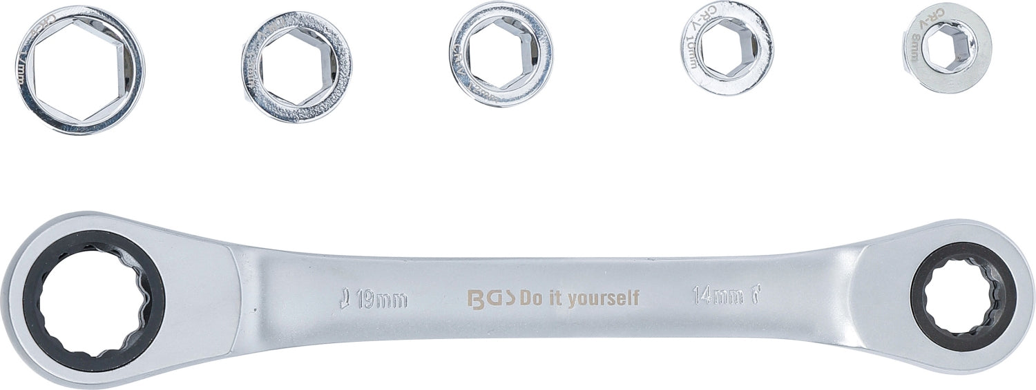 BGS DIY 71016 Ratschenringschlüssel mit Adaptersatz SW 8 - 19mm 6 teilig