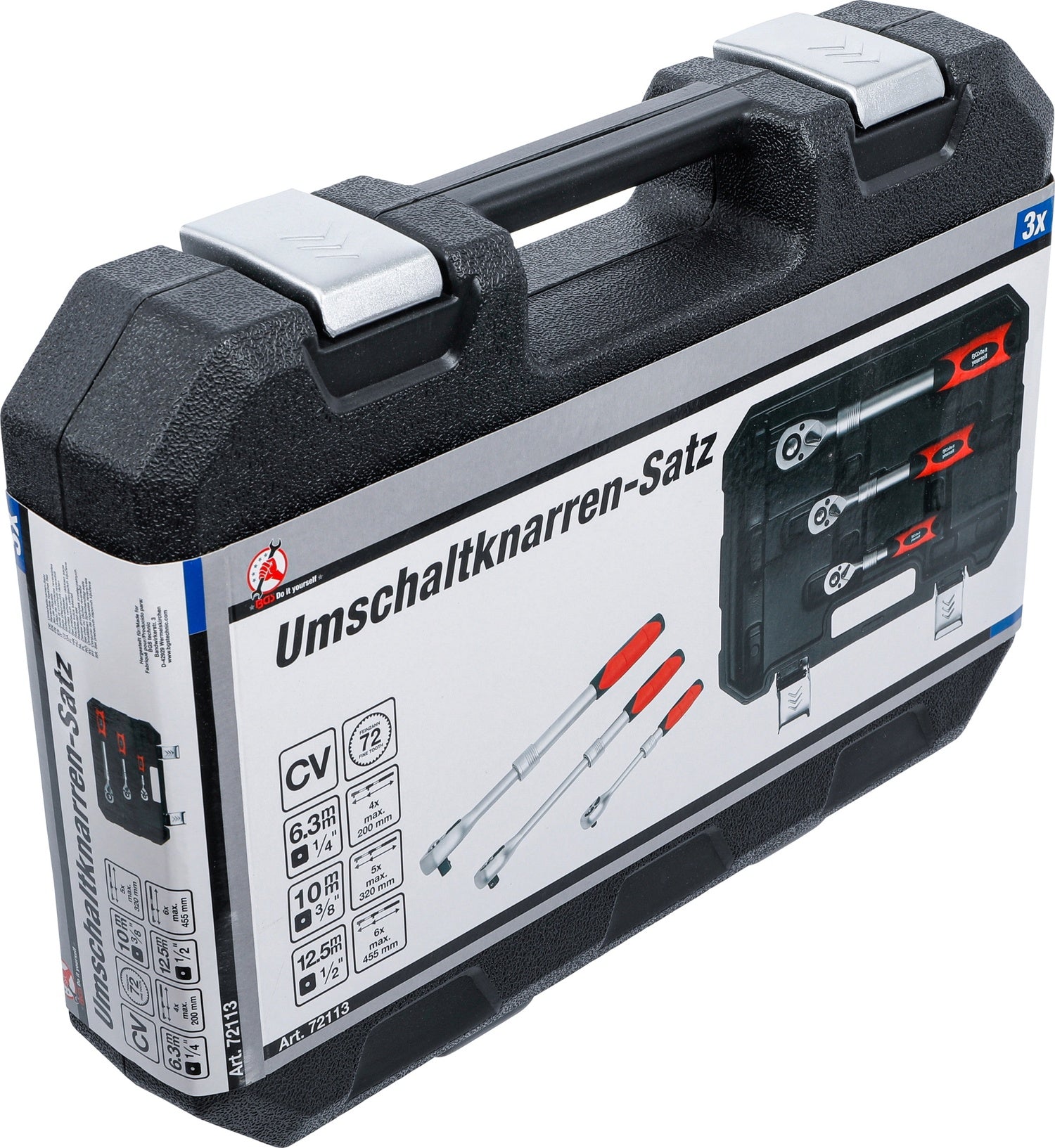 BGS DIY 72113 Satz Umschaltknarren ausziehbar Abtrieb 6,3mm (1/4") 10mm (3/8") 12,5mm (1/2")