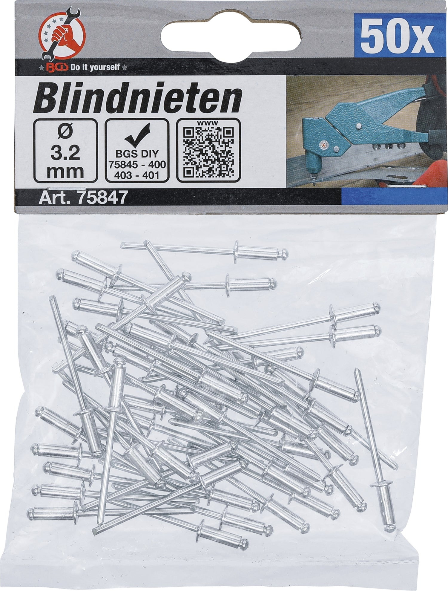 BGS DIY 75847 Sortiment Poppnieten / Blindnieten Ø3,2mm 50 teilig