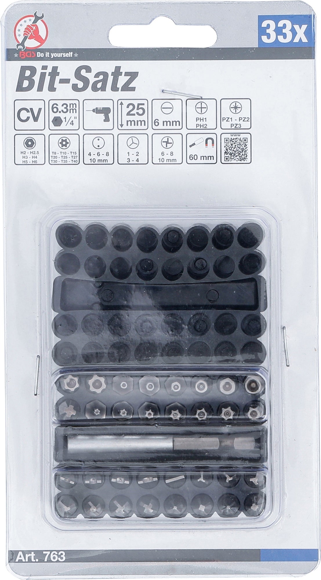 BGS DIY 763 Satz kurze Bits Antrieb 6,3mm (1/4") verschiedene Profile 33 teilig