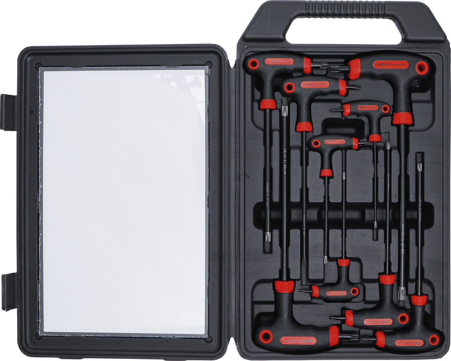 BGS DIY 7880 Satz Schraubendreher Abtrieb T-Profil (für Torx) mit Bohrung mit T-Griff und seitlicher Klinge T10 - T50