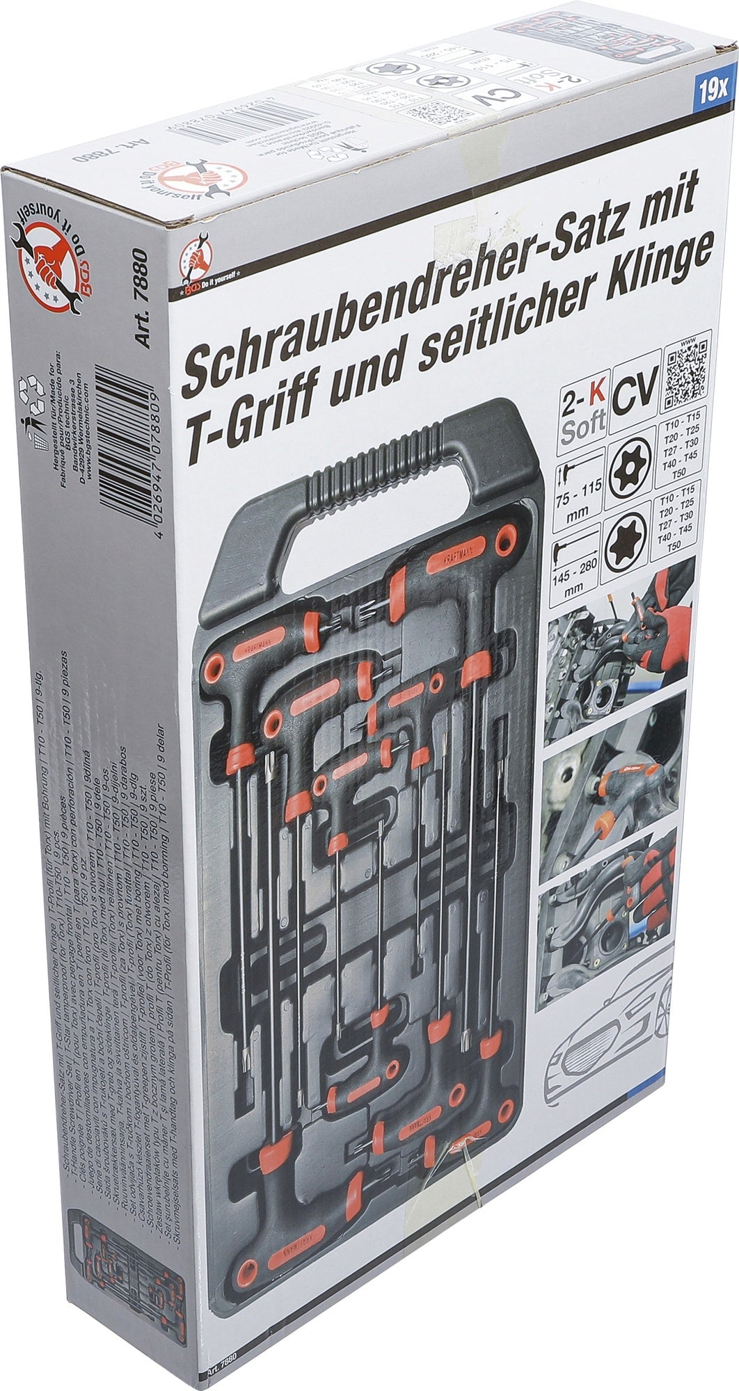 BGS DIY 7880 Satz Schraubendreher Abtrieb T-Profil (für Torx) mit Bohrung mit T-Griff und seitlicher Klinge T10 - T50