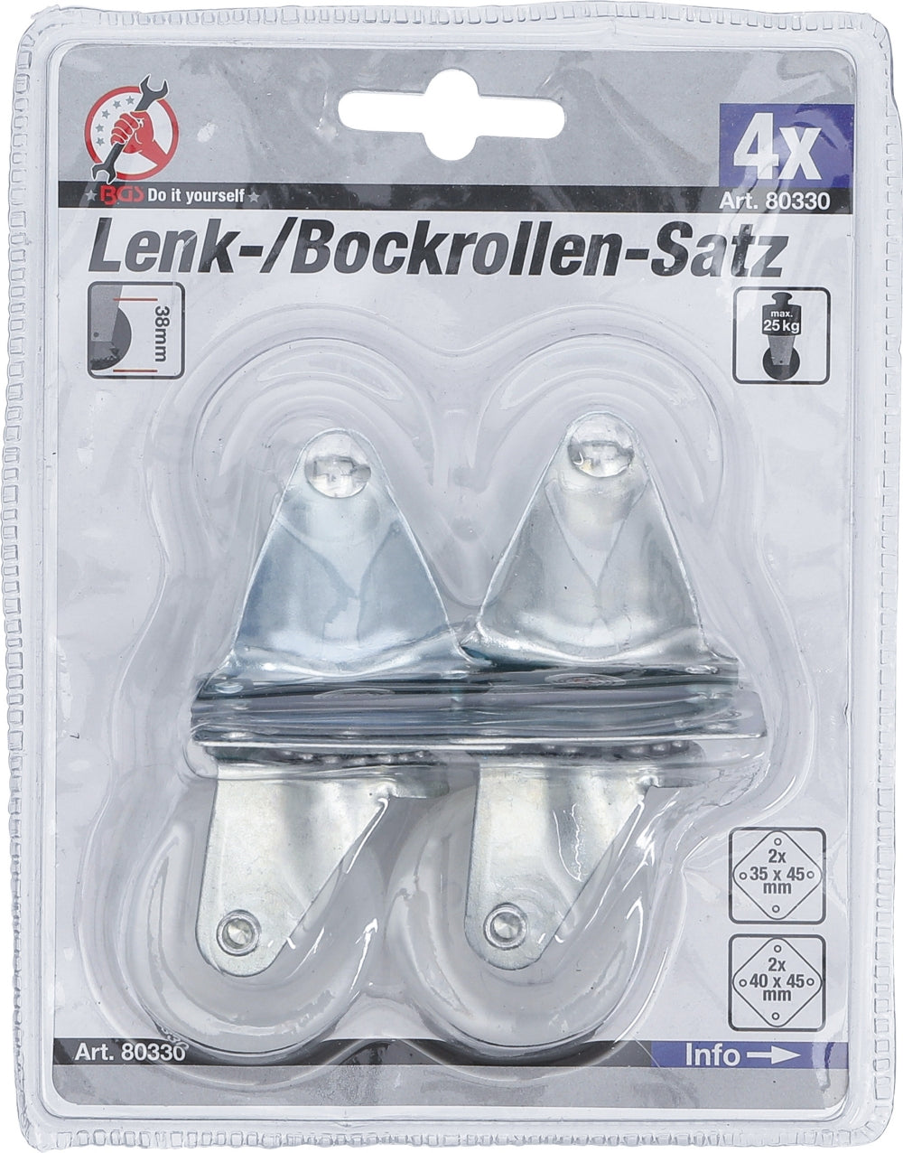 BGS DIY 80330 Satz Lenkrollen Bockrolle 40mm 4 teilig
