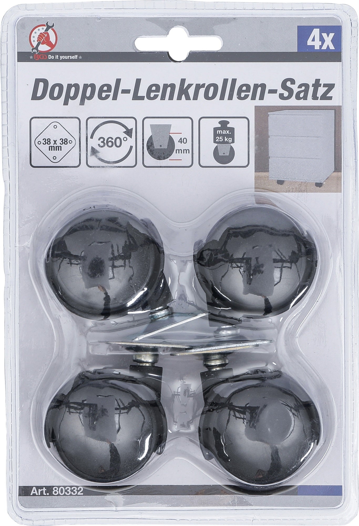 BGS DIY 80332 Satz Doppel Lenkrollen 40mm 4 teilig