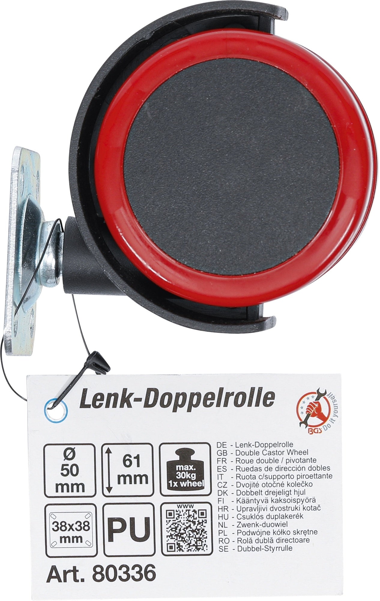 BGS DIY 80336 Doppel Lenkrolle in rot / schwarz 50mm