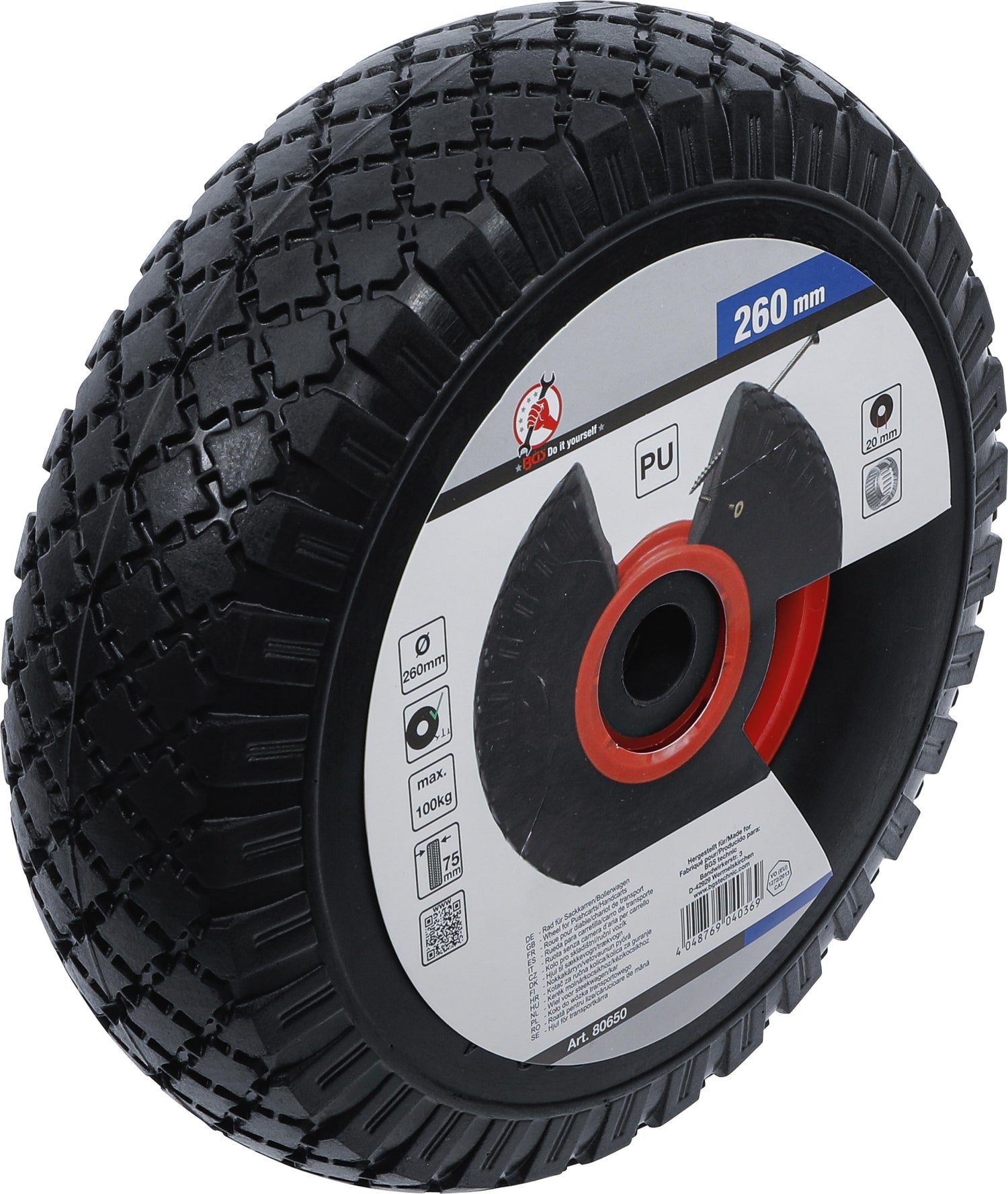 BGS DIY 80650 Rad für Sackkarren Bollerwagen PU rot / schwarz Ø260mm