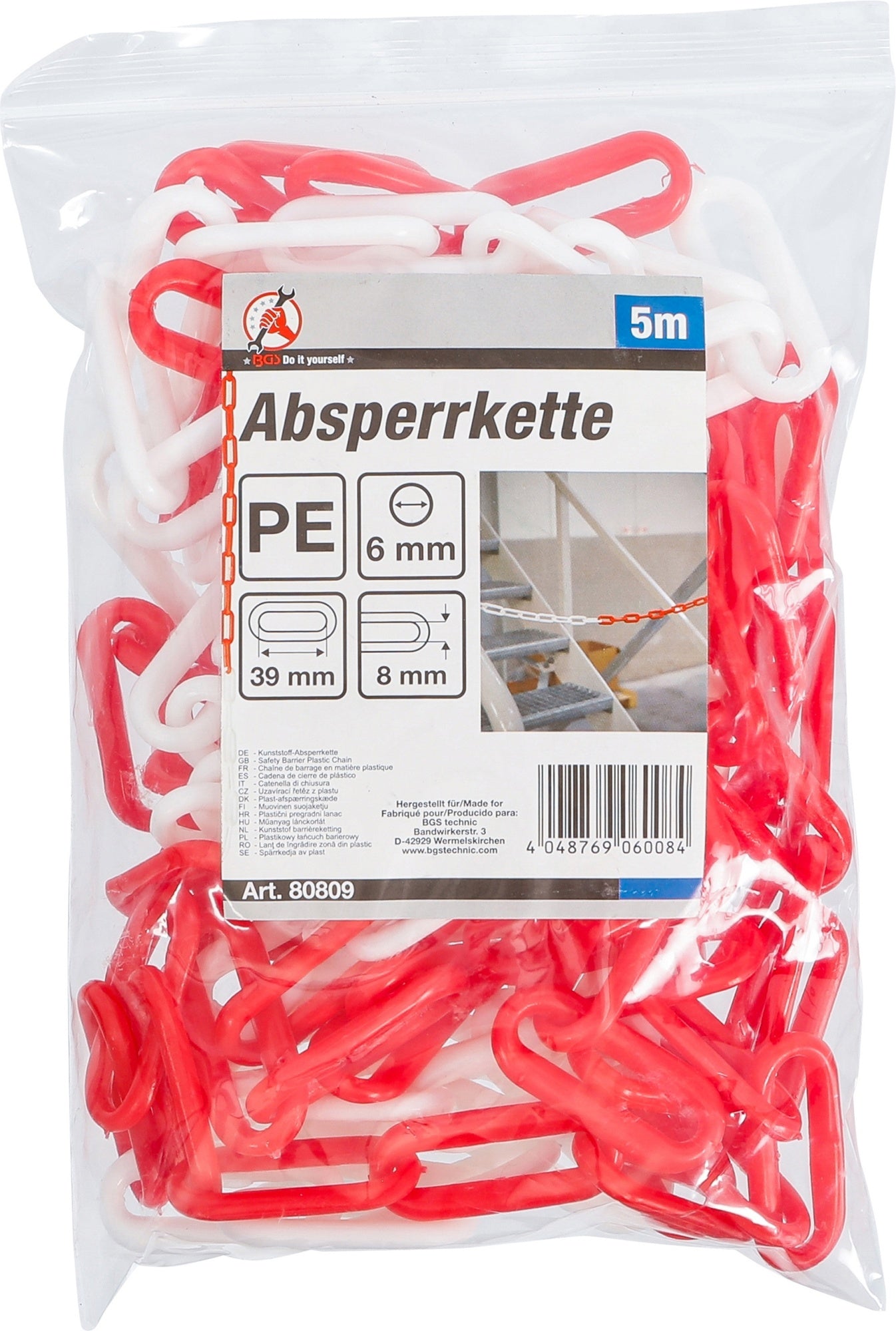BGS DIY 80809 Kunststoff Gliederkette Absperrkette Warnkette Sicherungskette Rot Weiß Länge 5m
