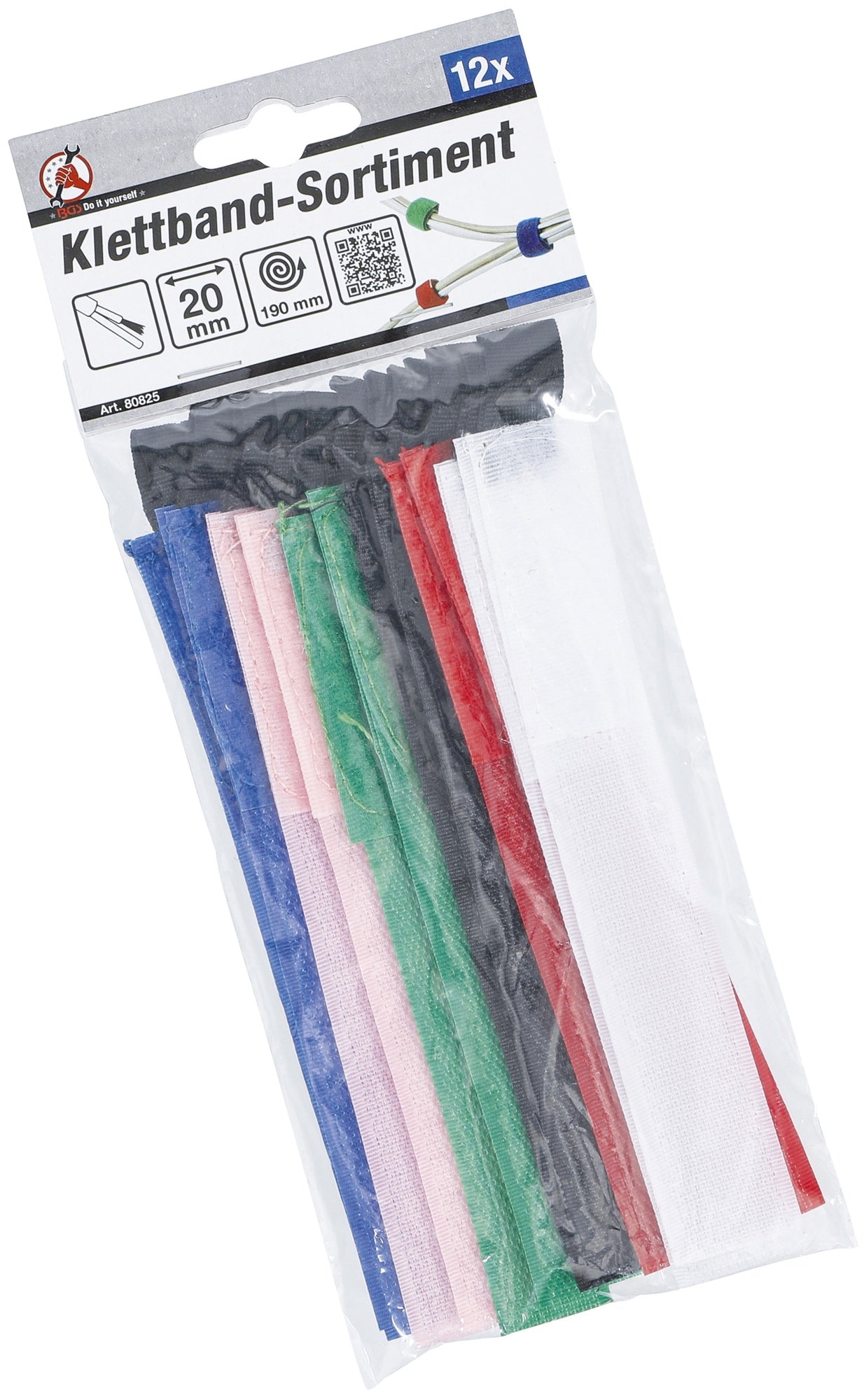 BGS DIY 80825 Sortiment Klettband 20 x 190mm bunt 12 teilig