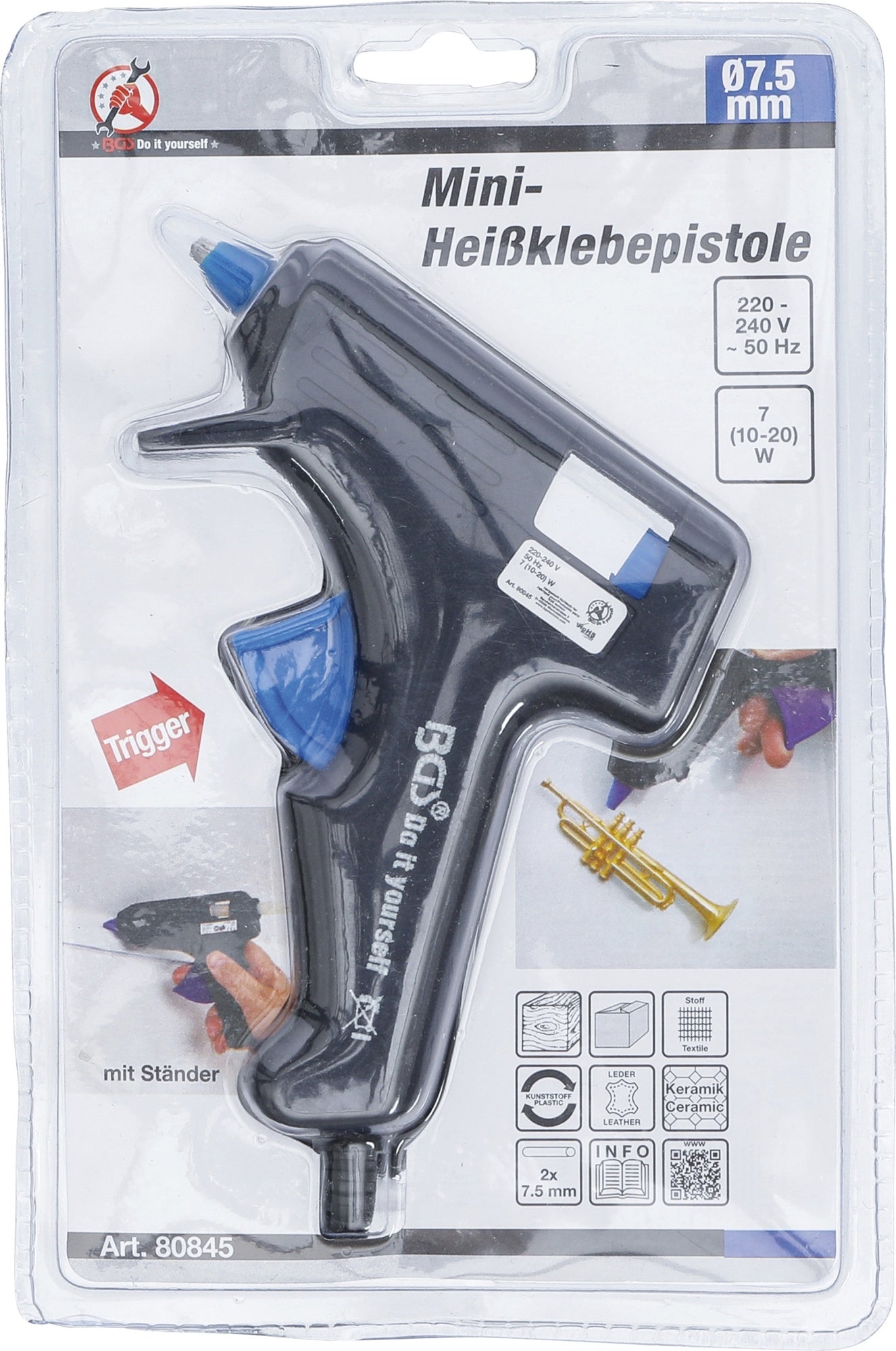 BGS DIY 80845 Mini Heißklebepistole mit 2 Klebesticks Ø 7,5mm 7W