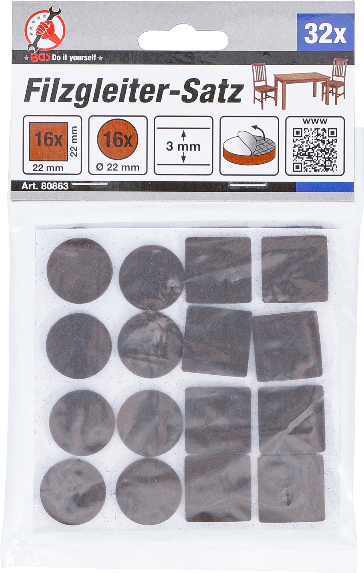 BGS DIY 80863 Satz Filzgleiter braun 32 teilig