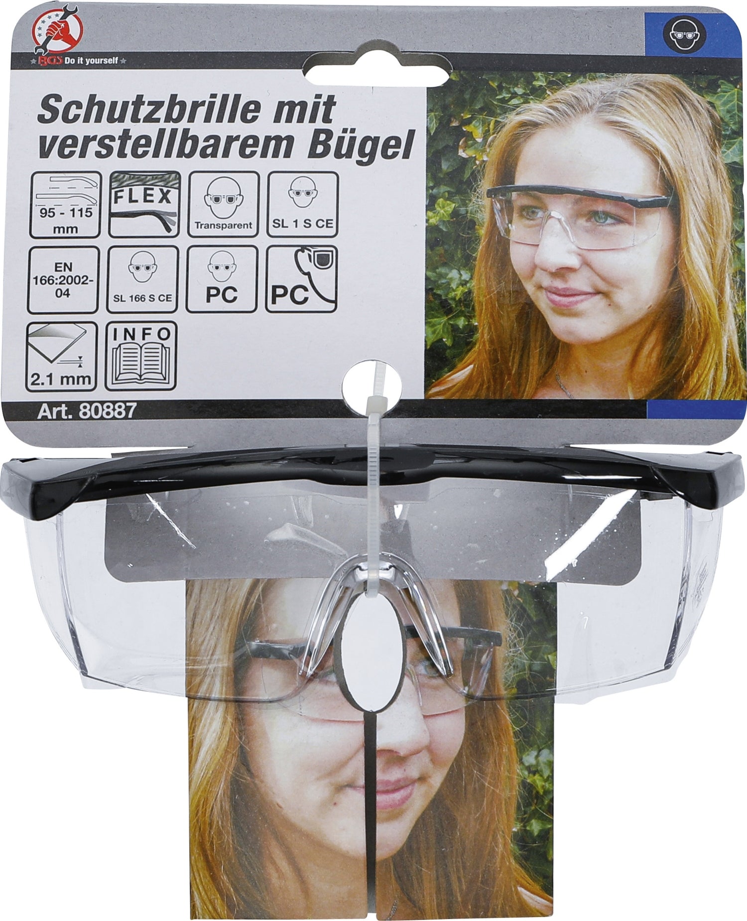 BGS DIY 80887 Schutzbrille mit verstellbarem Bügel transparent