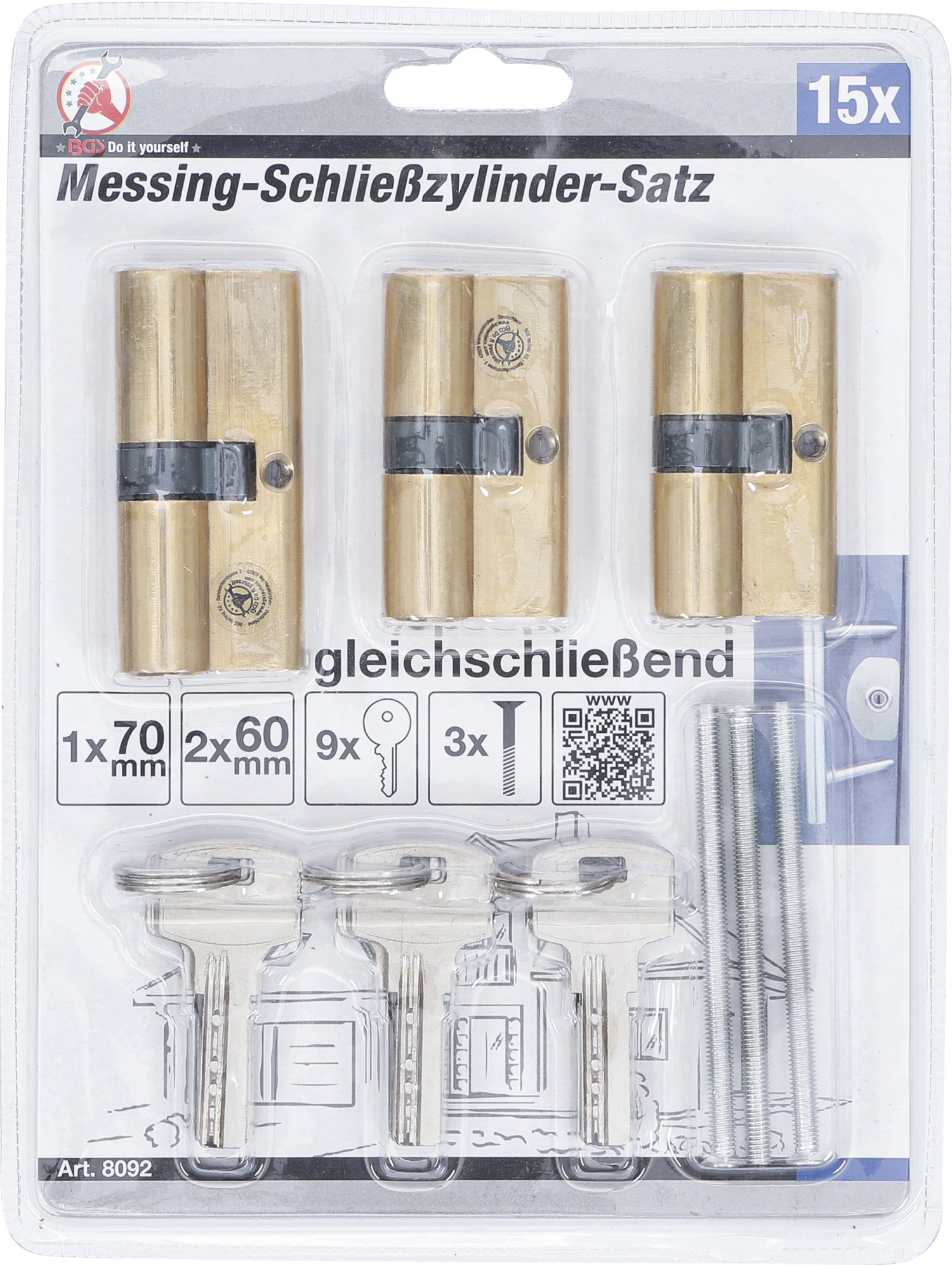 BGS DIY 8092 Satz Messing Schließzylinder gleichschließend 15 teilig