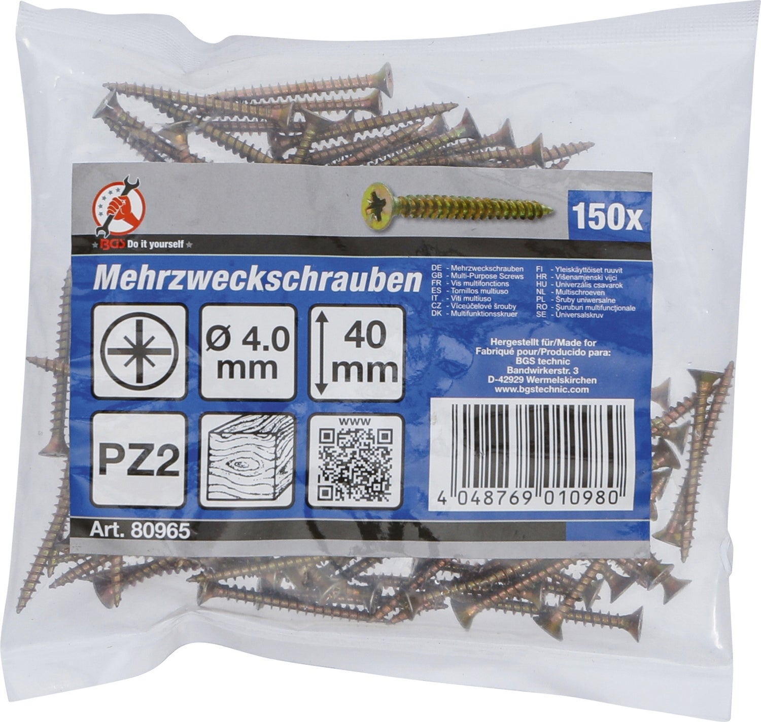 BGS DIY 80965 Satz Mehrzweckschrauben Kreuzschlitz PZ2 4,0 x 40mm 150 Stück