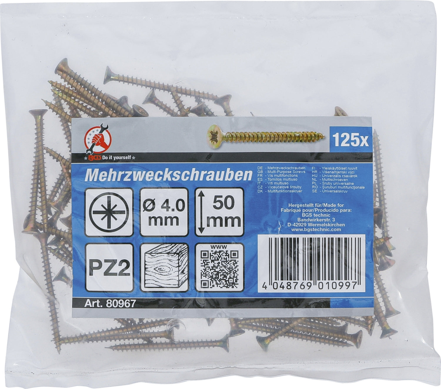 BGS DIY 80967 Satz Mehrzweckschrauben Kreuzschlitz PZ2 4,0 x 50mm 125 Stück