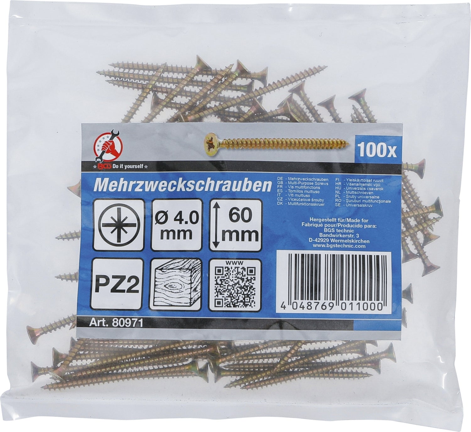 BGS DIY 80971 Satz Mehrzweckschrauben Kreuzschlitz PZ2 4,0 x 60mm 100 Stück