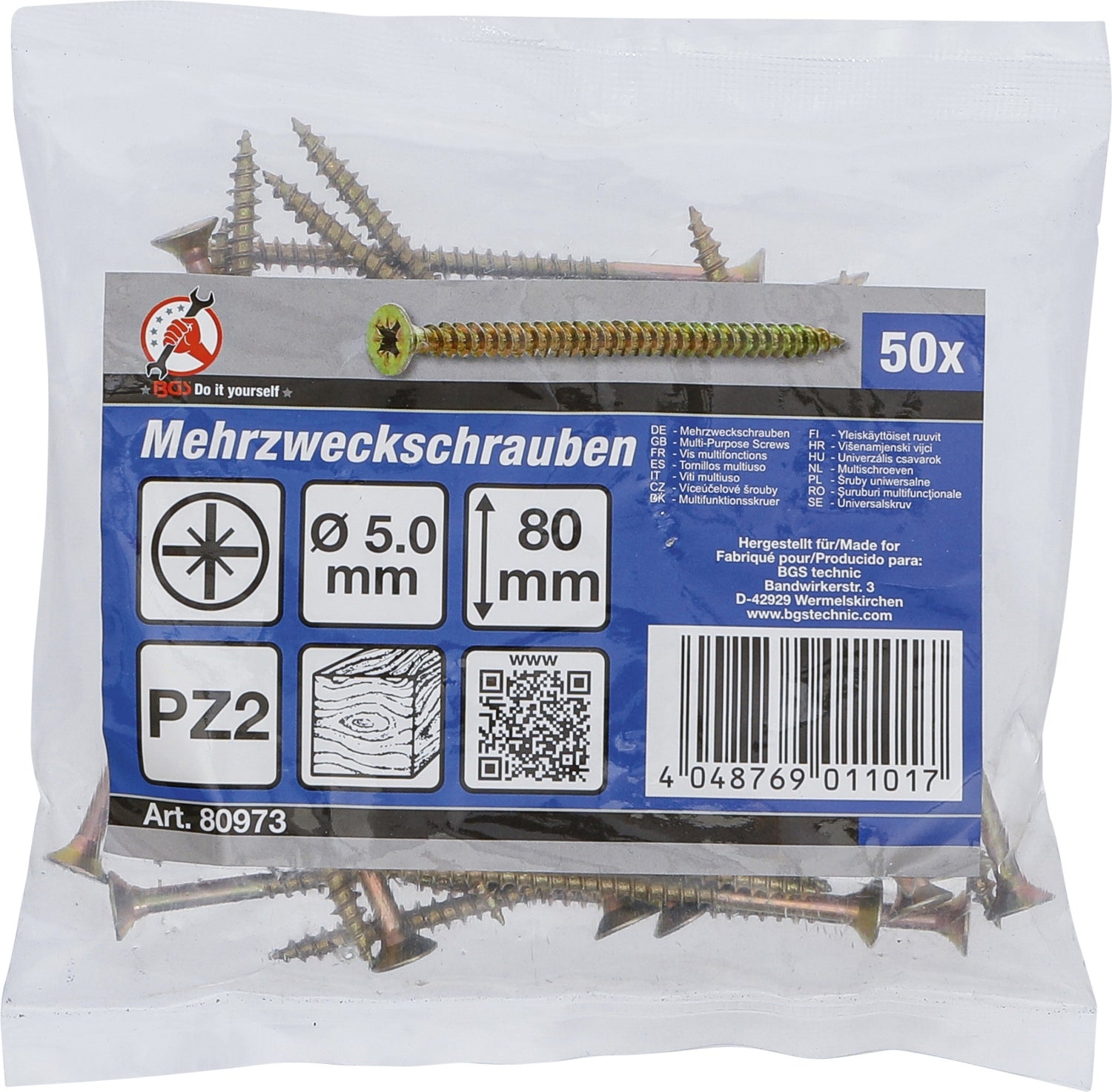 BGS DIY 80973 Satz Mehrzweckschrauben Kreuzschlitz PZ2 5,0 x 80mm 50 Stück