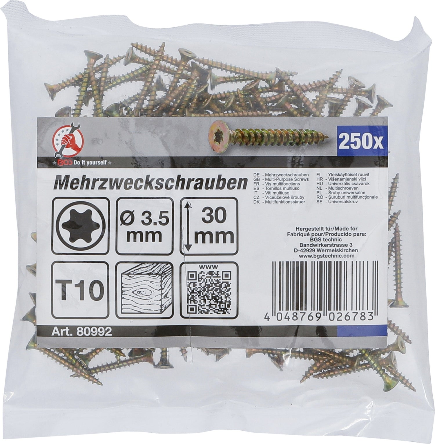BGS DIY 80992 Satz Mehrzweckschrauben T-Profil (für Torx) T10 3,5 x 30mm 250 Stück