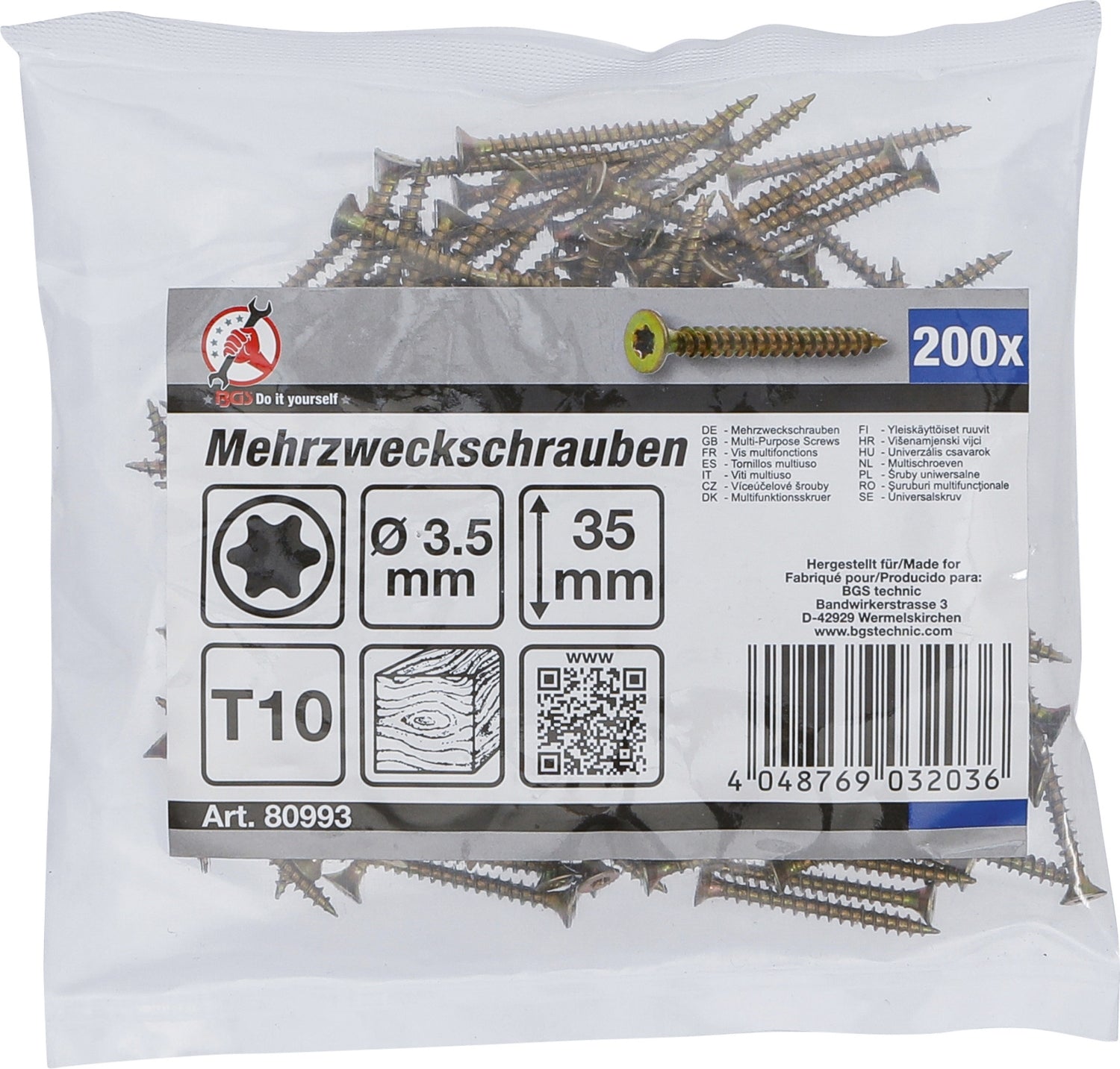 BGS DIY 80993 Satz Mehrzweckschrauben T-Profil (für Torx) T10 3,5 x 35mm 200 Stück