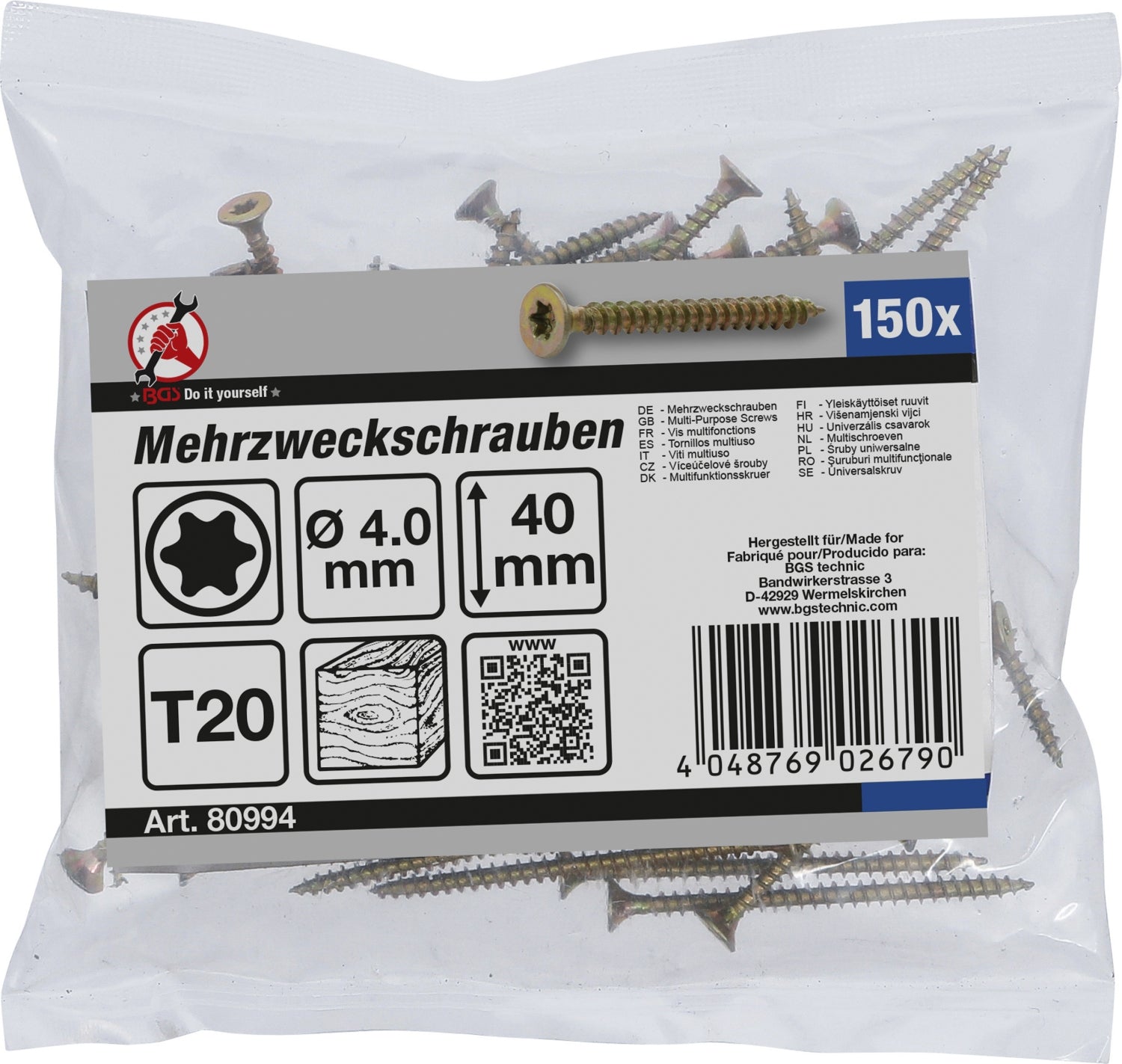 BGS DIY 80994 Satz Mehrzweckschrauben T-Profil (für Torx) T20 4,0 x 40mm 150 Stück