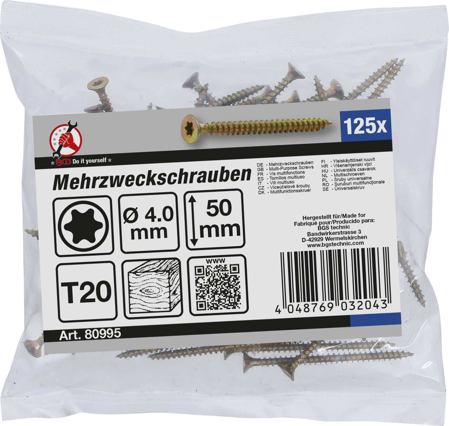 BGS DIY 80995 Satz Mehrzweckschrauben T-Profil (für Torx) T20 4,0 x 50mm 125 Stück