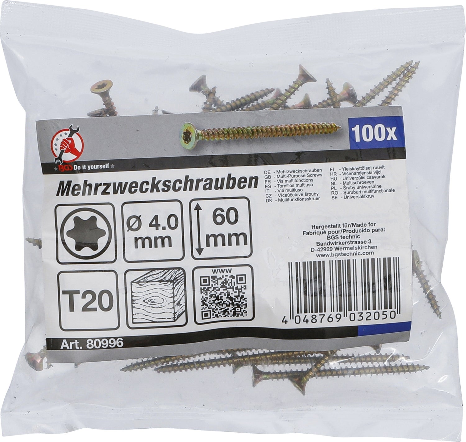 BGS DIY 80996 Satz Mehrzweckschrauben T-Profil (für Torx) T20 4,0 x 60mm 100 Stück