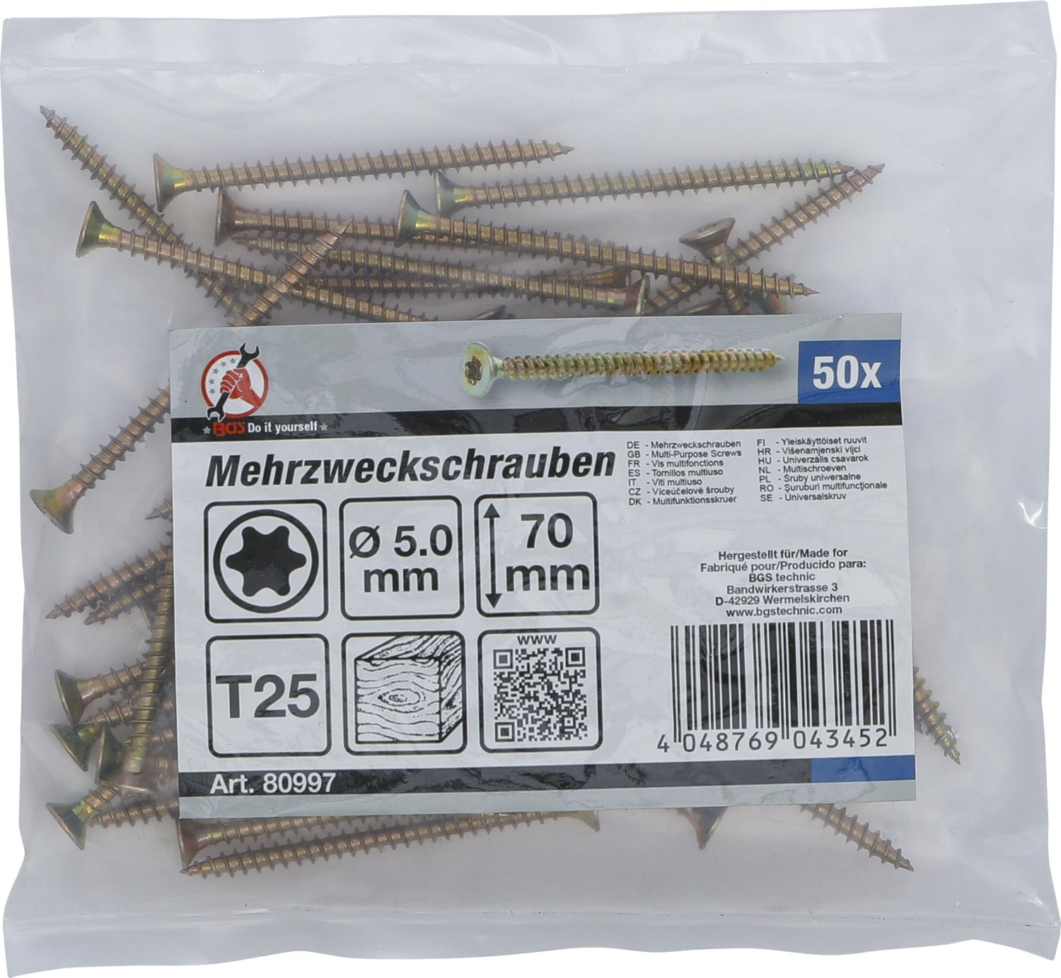 BGS DIY 80997 Satz Mehrzweckschrauben T-Profil (für Torx) T25 5,0 x 70mm 50 Stück