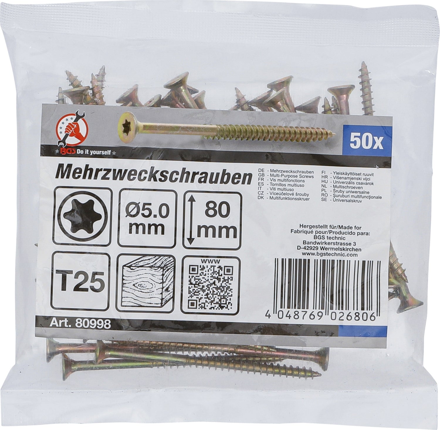 BGS DIY 80998 Satz Mehrzweckschrauben T-Profil (für Torx) T25 5,0 x 80mm 50 Stück