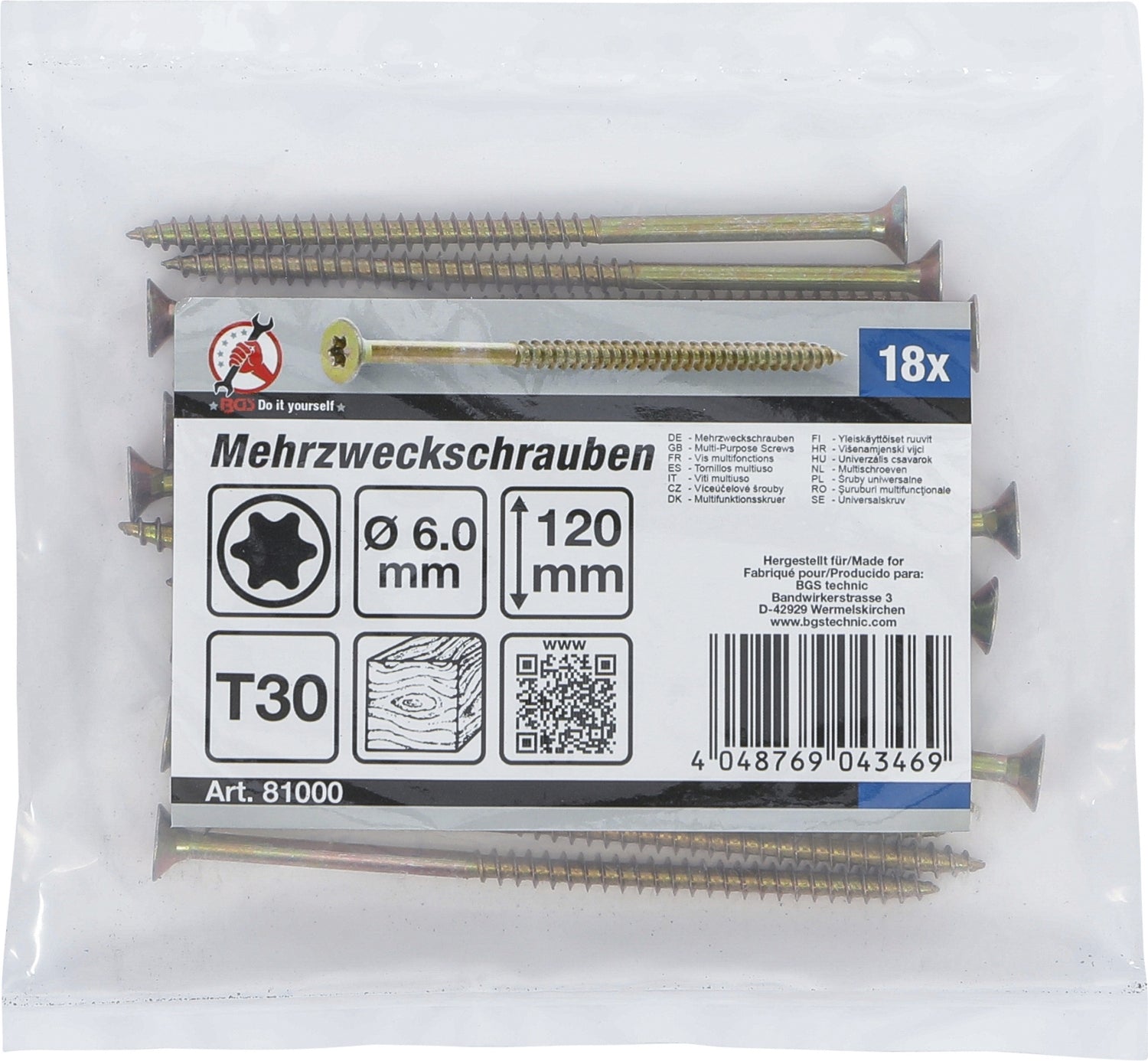 BGS DIY 81000 Satz Mehrzweckschrauben T-Profil (für Torx) T30 6,0 x 120mm 18 Stück