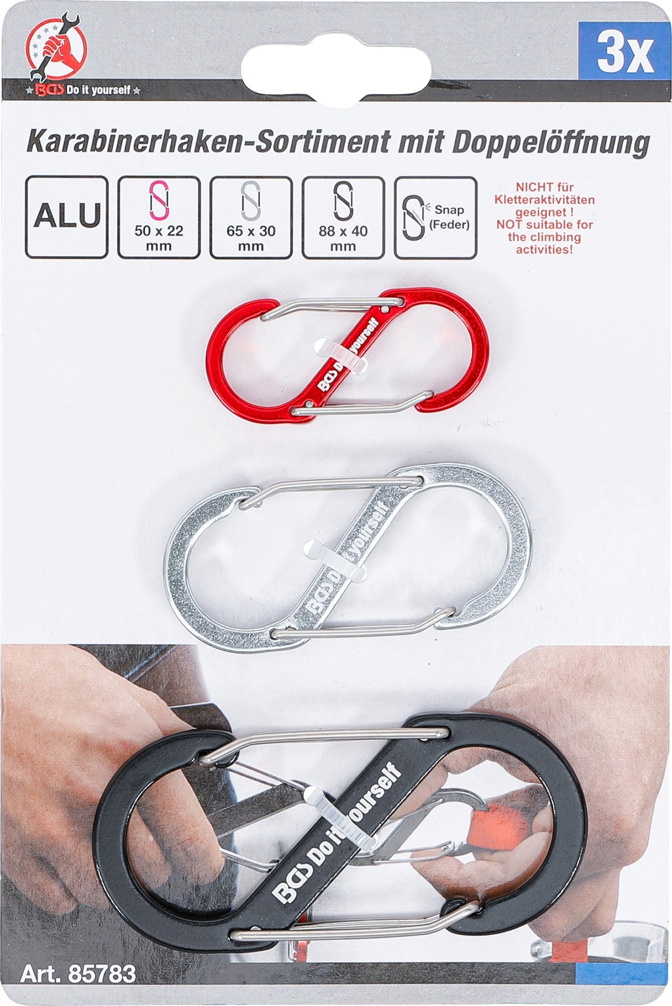 BGS DIY 85783 Sortiment Karabinerhaken mit Doppelöffnung Aluminium 3 teilig