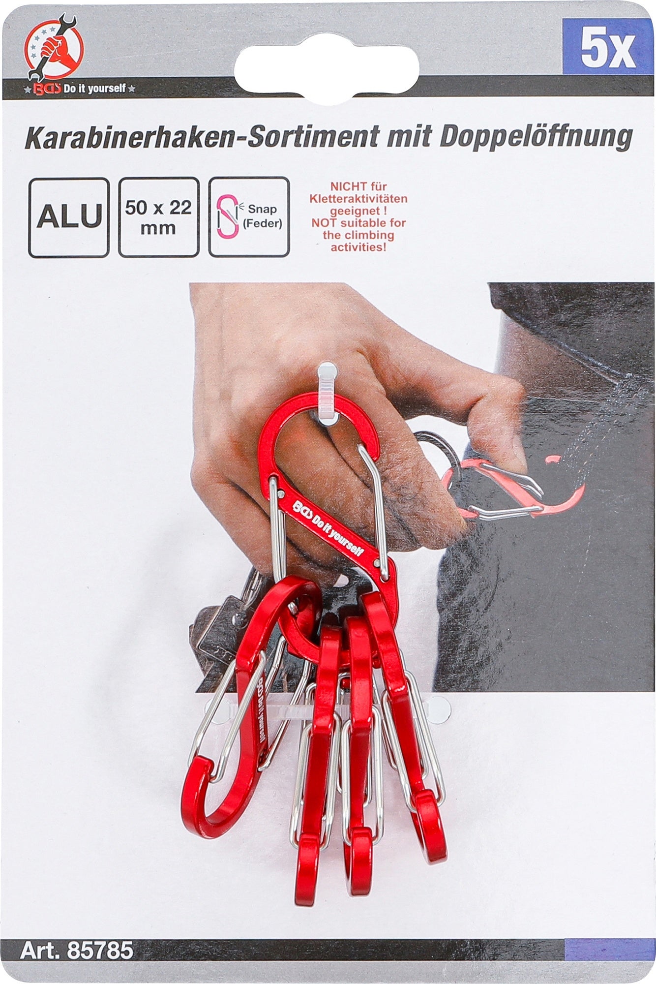BGS DIY 85785 Sortiment Karabinerhaken mit Doppelöffnung Aluminium 5 teilig