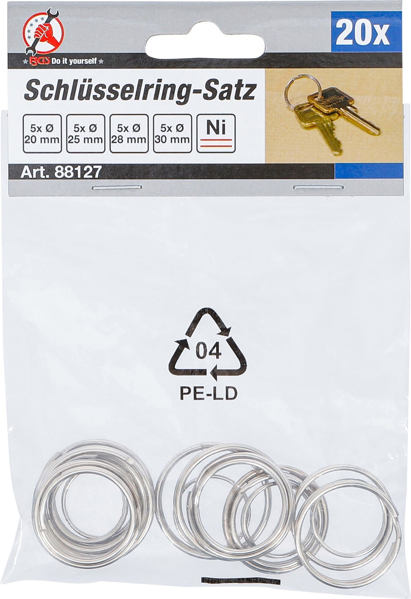 BGS DIY 88127 Sortiment Schlüsselringe 4 Größen 20 teilig