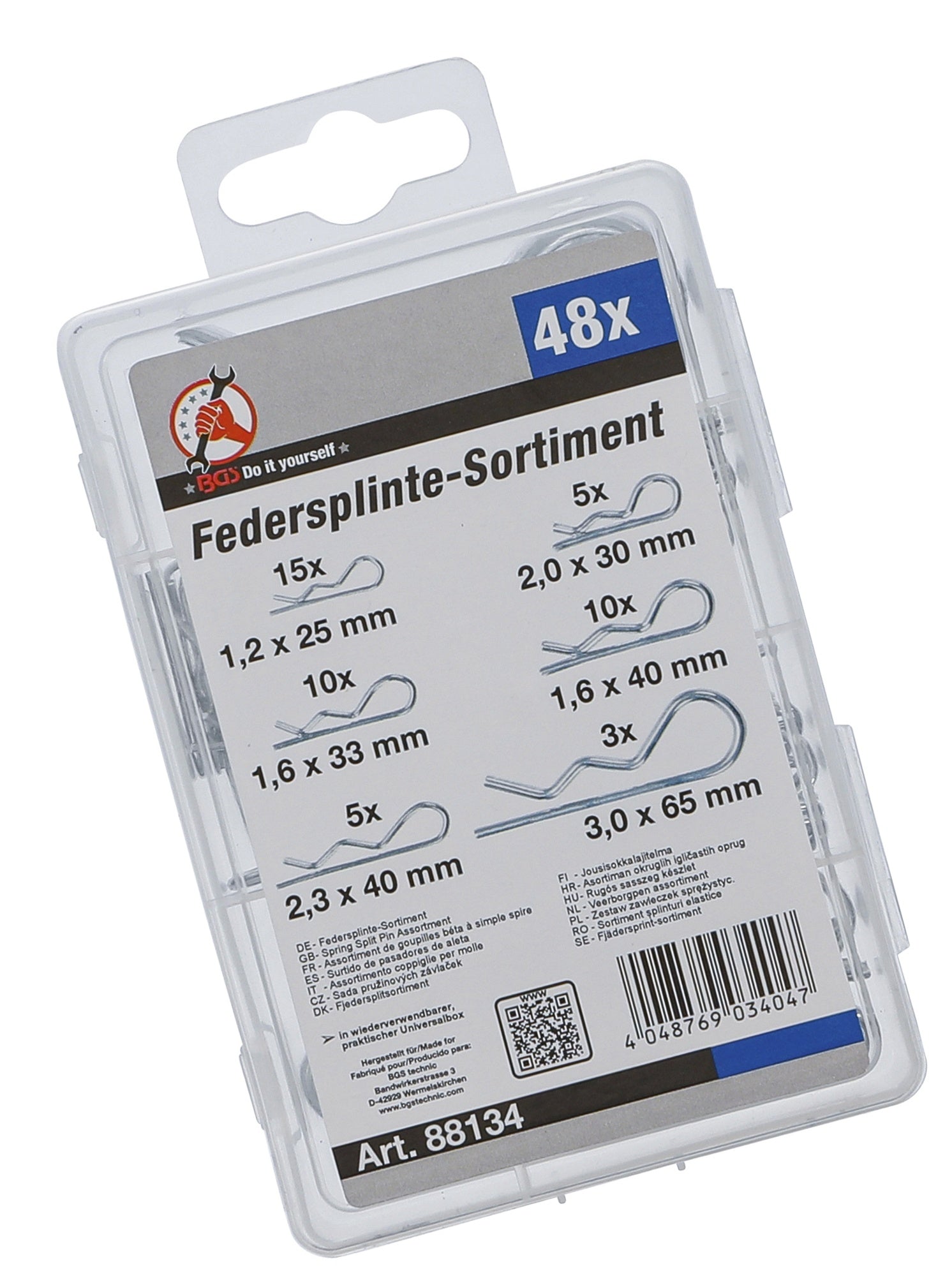BGS DIY 88134 Sortiment Federsplinte Federstecker Sicherungssplinte Ø 1,2 - 3,0mm 48 teilig