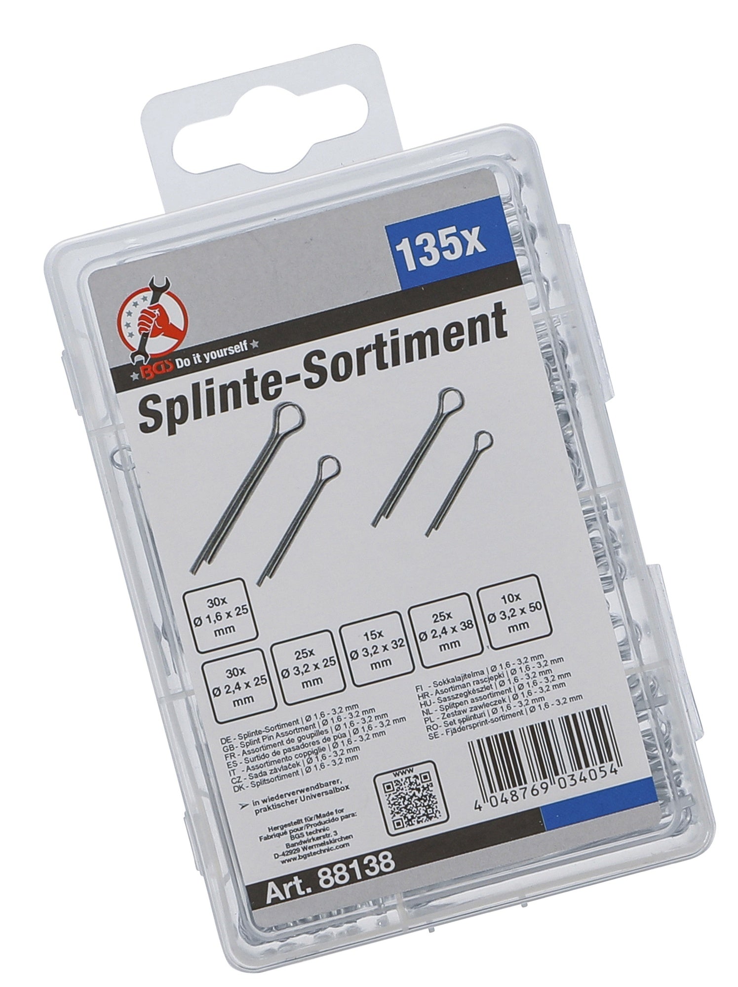 BGS DIY 88138 Sortiment Splinte Sicherungssplinte Ø 1,6 - 3,2mm 135 teilig