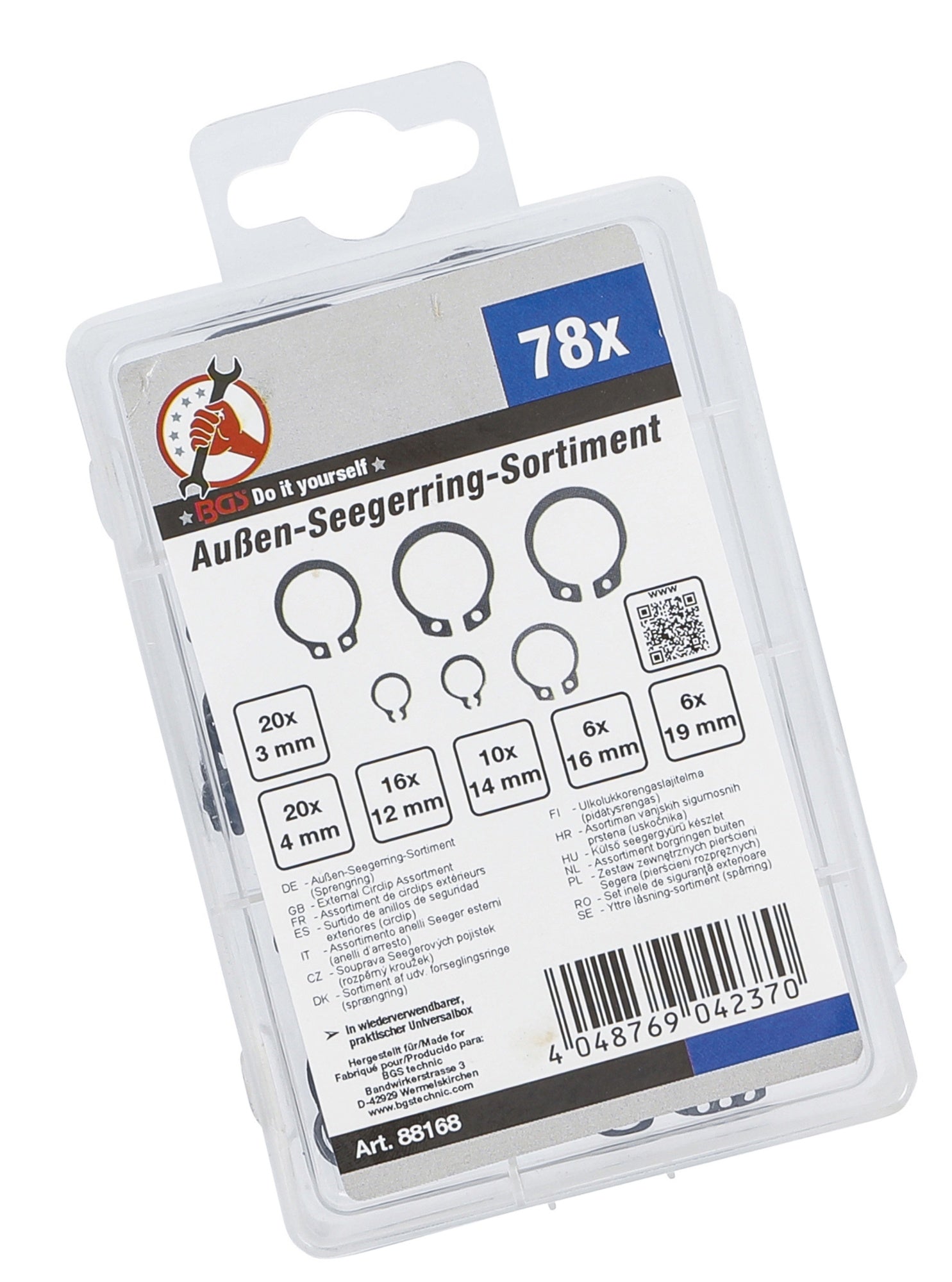 BGS DIY 88168 Sortiment Außen Seegerringe / Sprengringe Ø 8 - 19mm 78 teilig