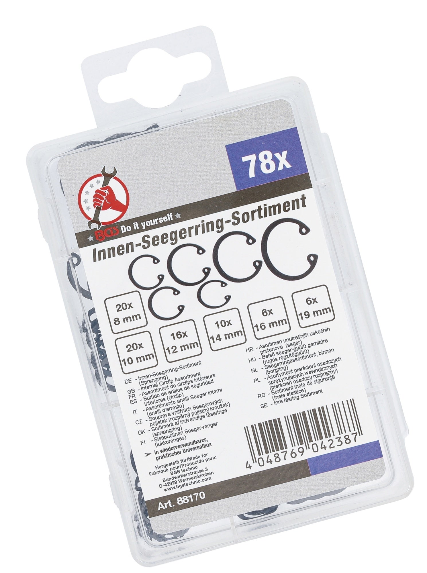 BGS DIY 88170 Sortiment Innen Seegerringe / Sprengringe Ø 8 - 19mm 78 teilig