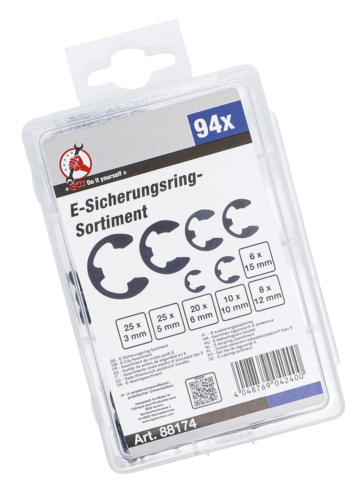 BGS DIY 88174 Sortiment E-Sicherungsringe 3 - 15mm 94 teilig